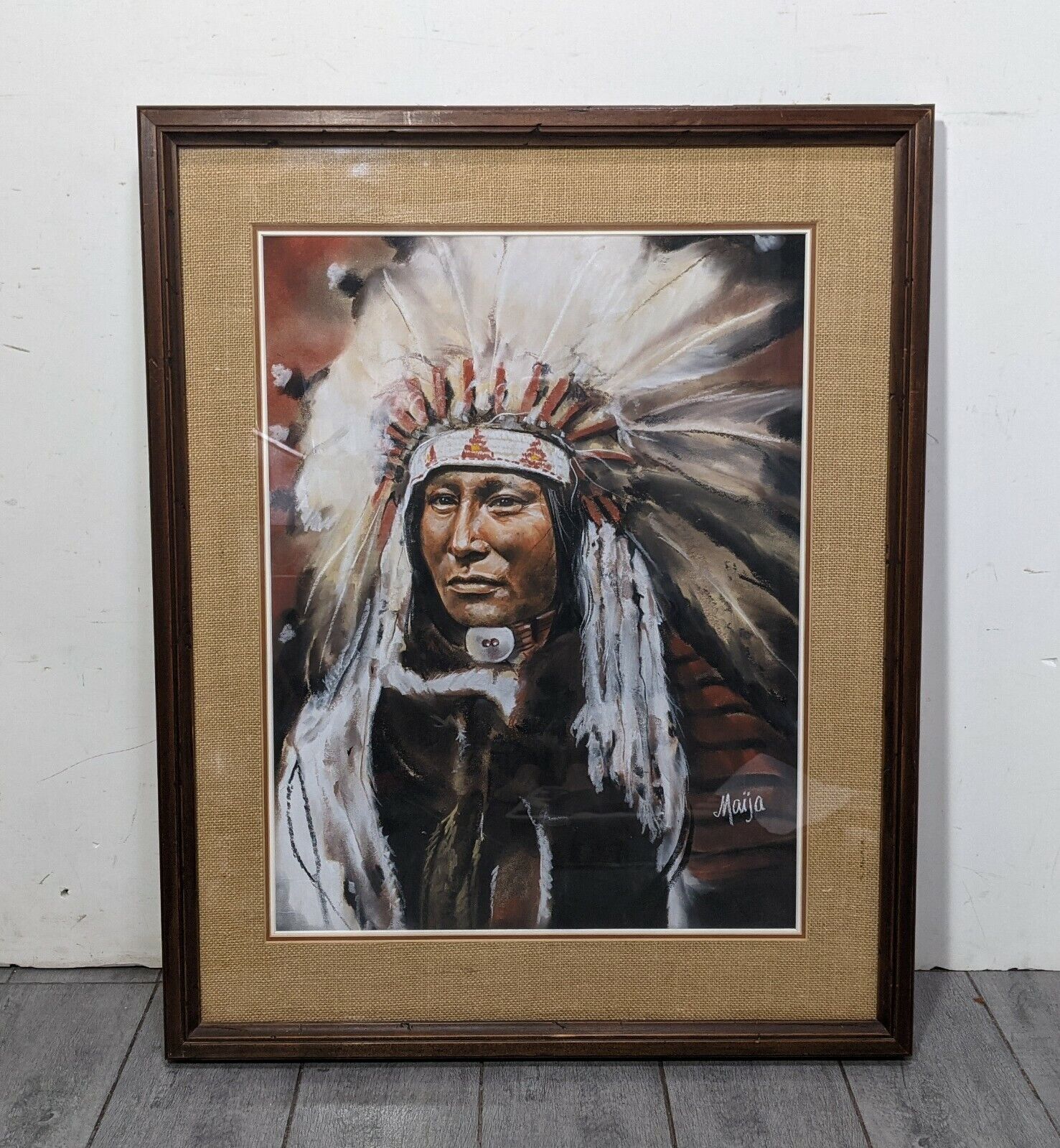 Vintage MAIJA Framed Art Print Indian Chief Portrait - Native American Western