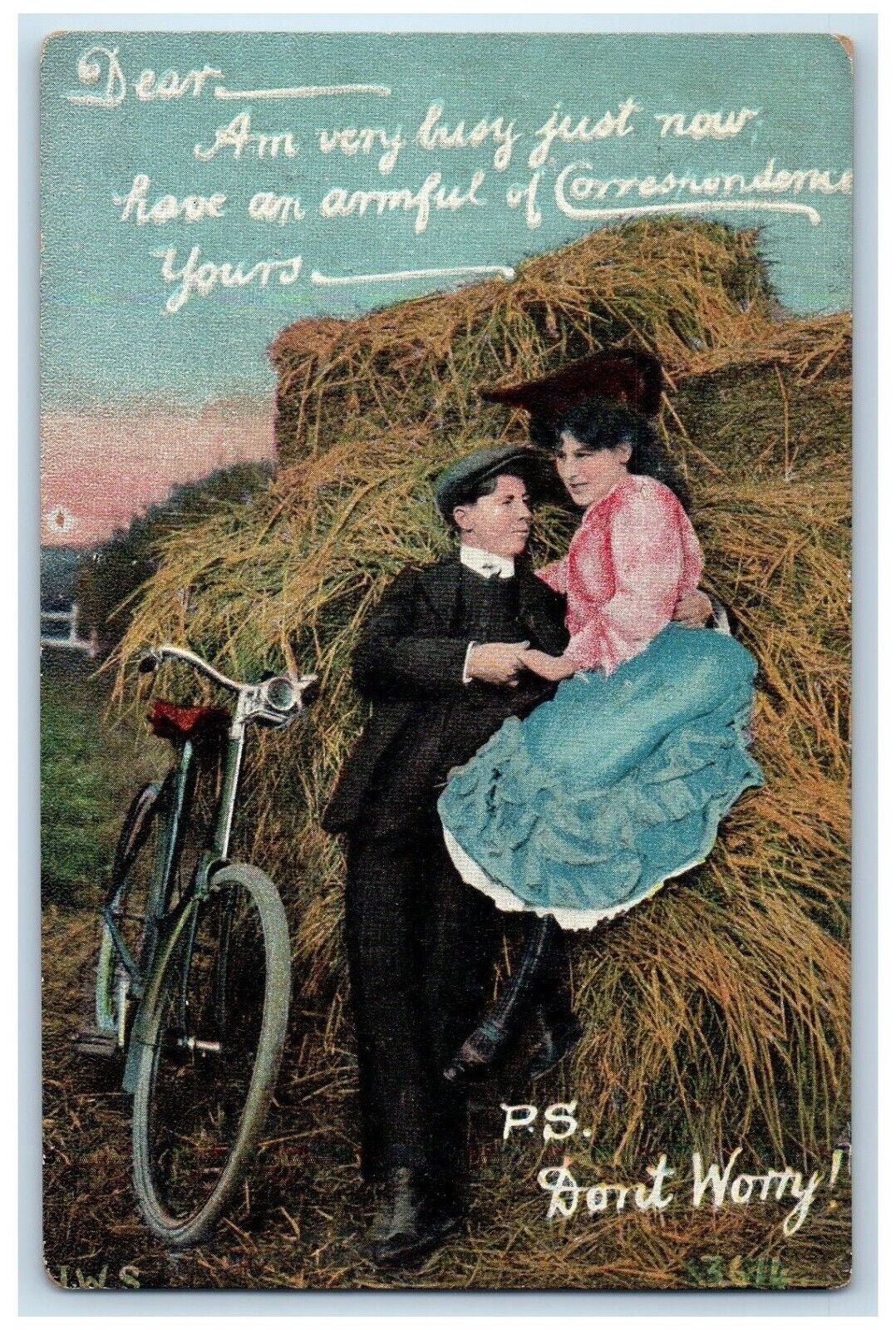 c1910's Sweet Couple Romance Bicycle Farm Unposted Antique Postcard