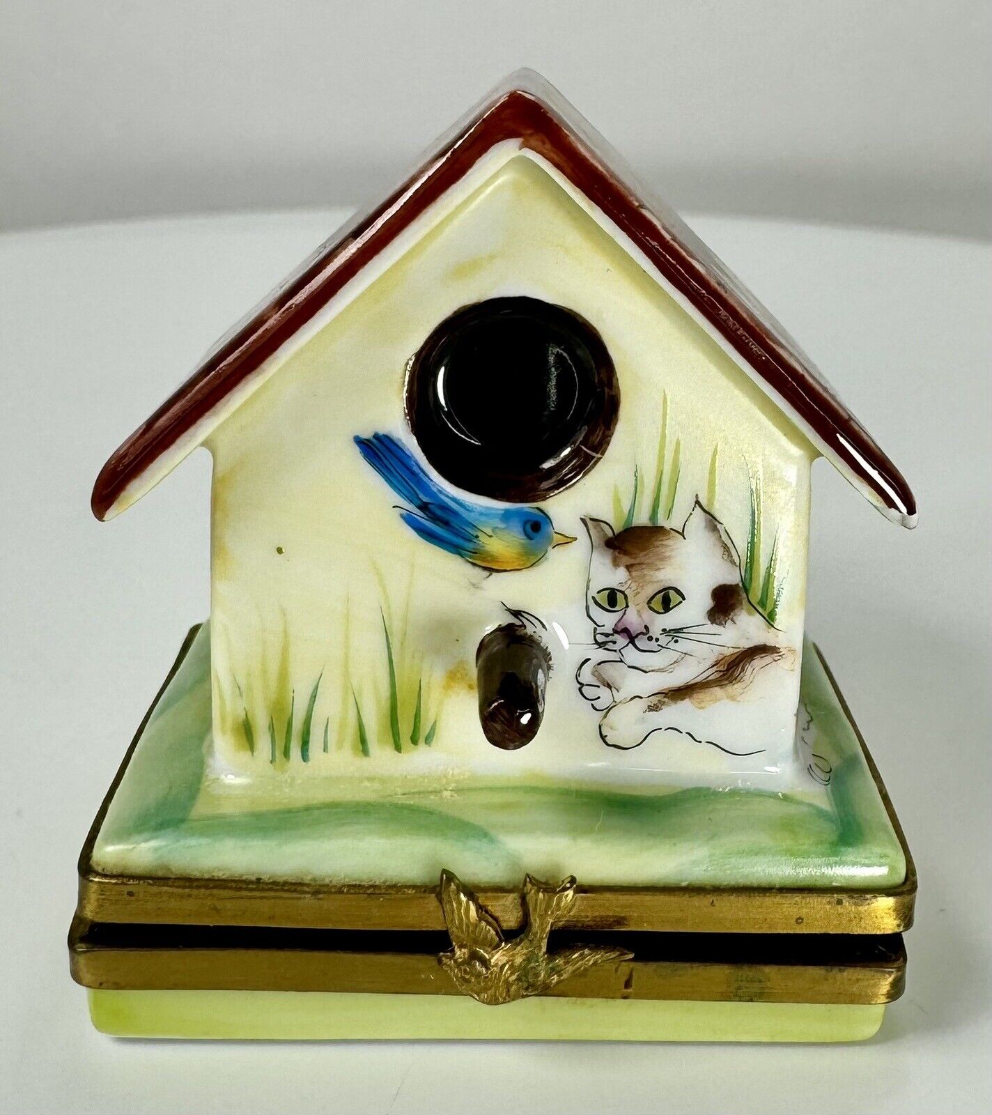 Rare Limoges Rochard Hand Painted Cat & Bird Birdhouse Trinket Box Pls READ