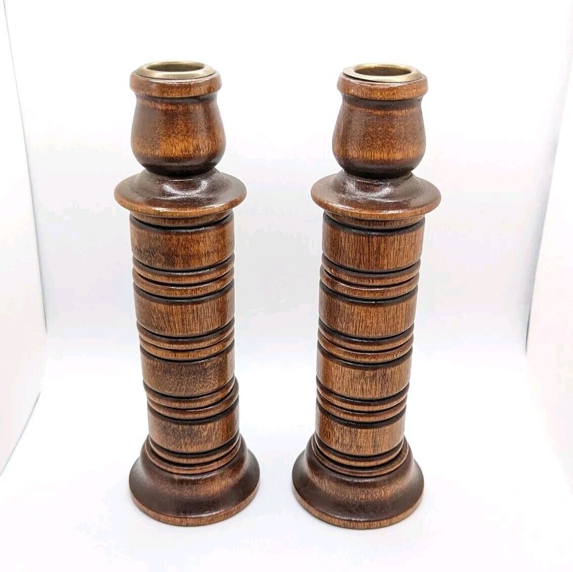 Vintage Wooden Spindle Brass Taper Candleholder Candle Stick Ribbed Carved Gift