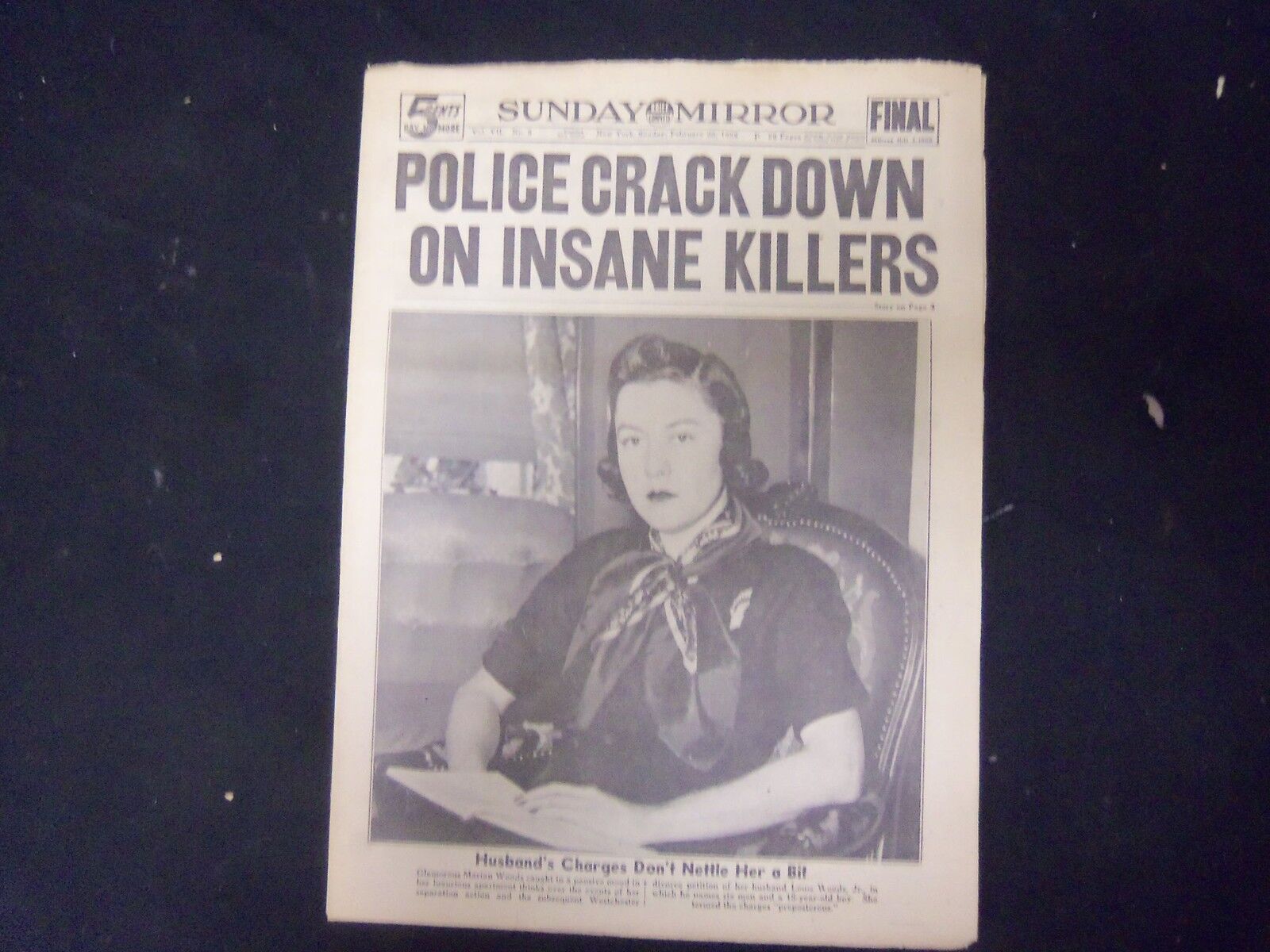 1938 FEB 20 NEW YORK SUNDAY MIRROR- POLICE CRACKDOWN ON INSANE KILLERS - NP 2255