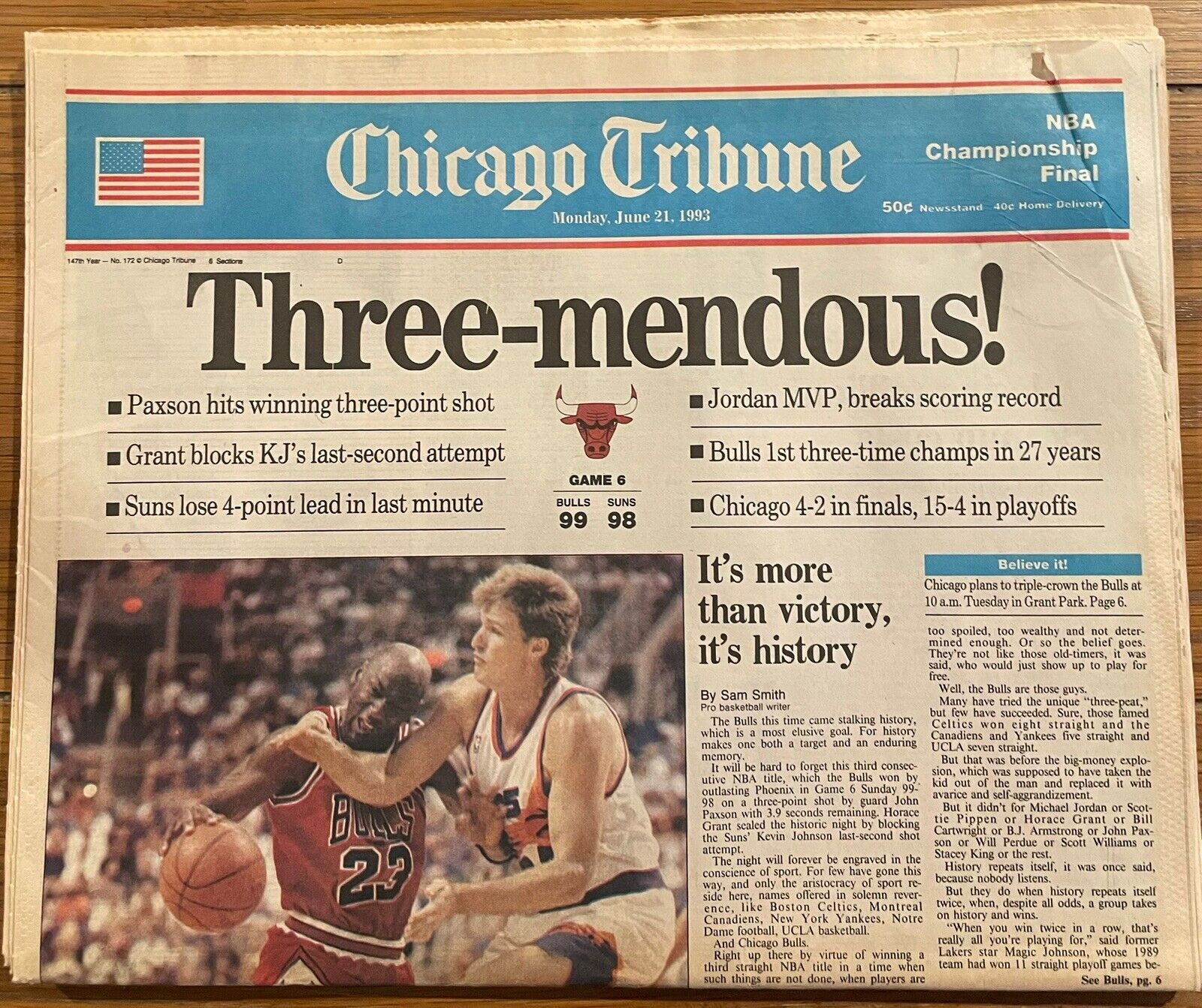 1993 Chicago Tribune Full Newspaper Bulls June 21, 1993 Three-Mendous