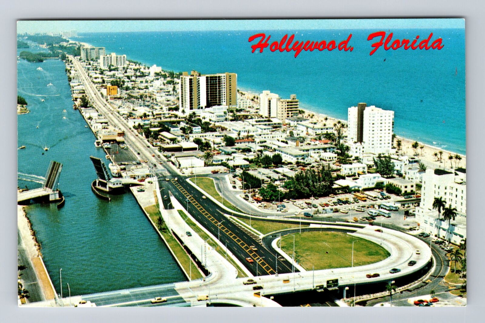 Hollywood FL-Florida, Aerial View Hollywood Blvd, Bridge, Vintage Postcard