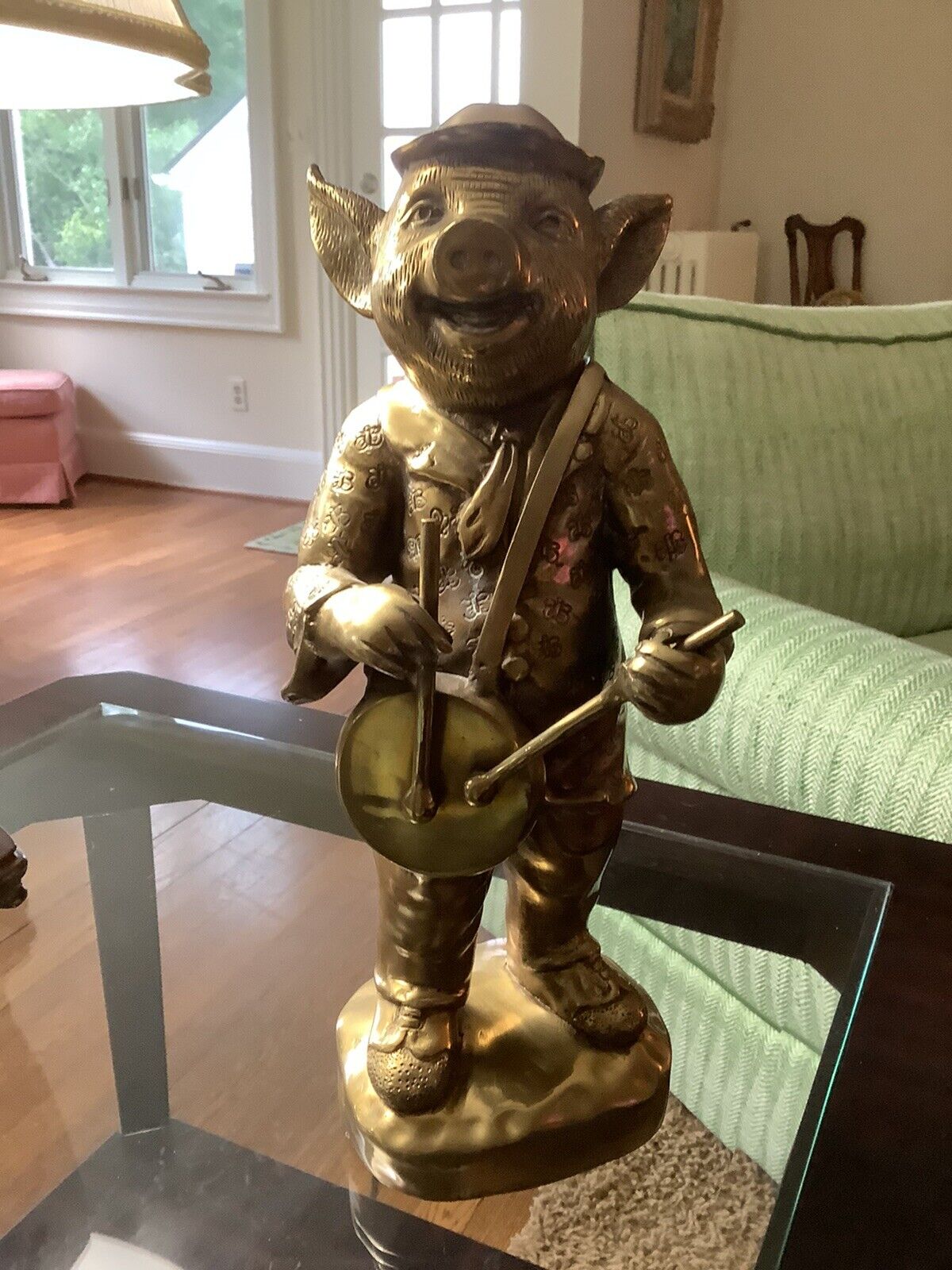 sarreid  brass pig with drum appx 15 inches tall