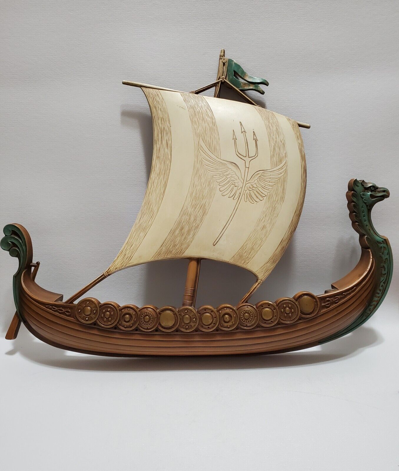 Vintage 1960s Syroco Wood Wall Art, Viking Ship, Pirate Boat, Original Label