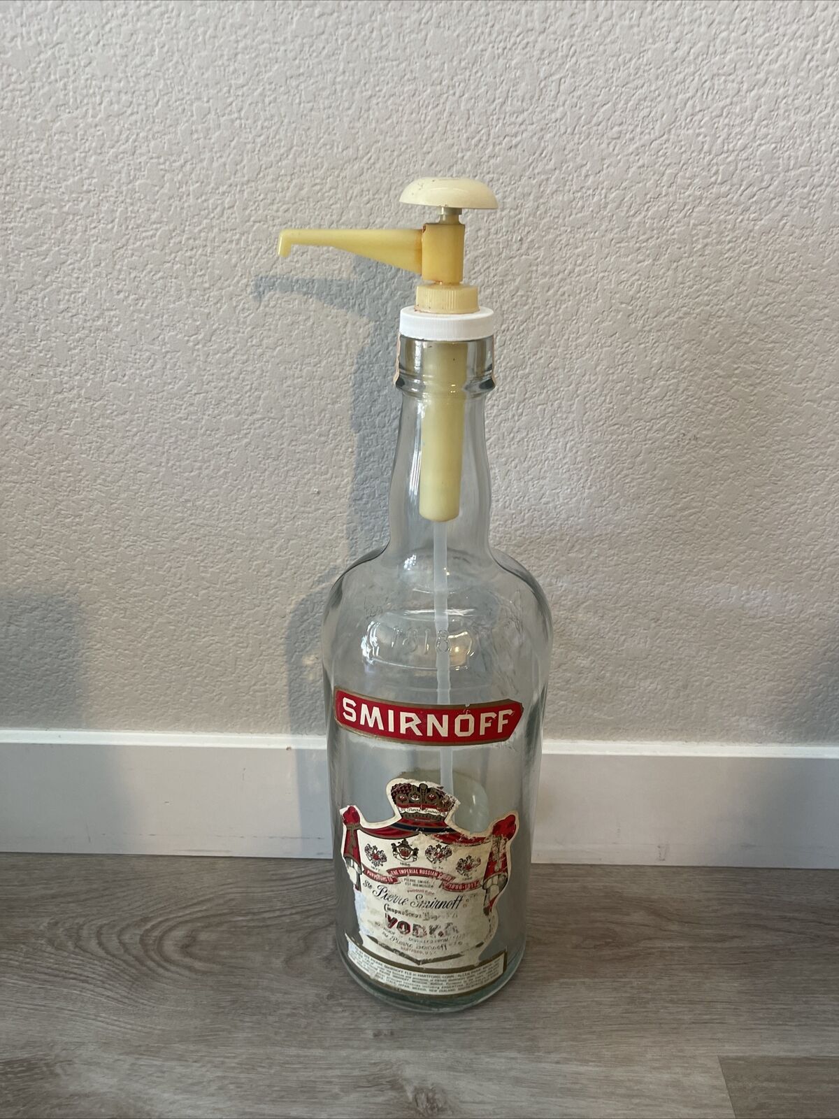 Vtg Large Smirnoff Vodka Glass 1 Gallon Bottle 80 Proof Pierre Pump Empty 23”