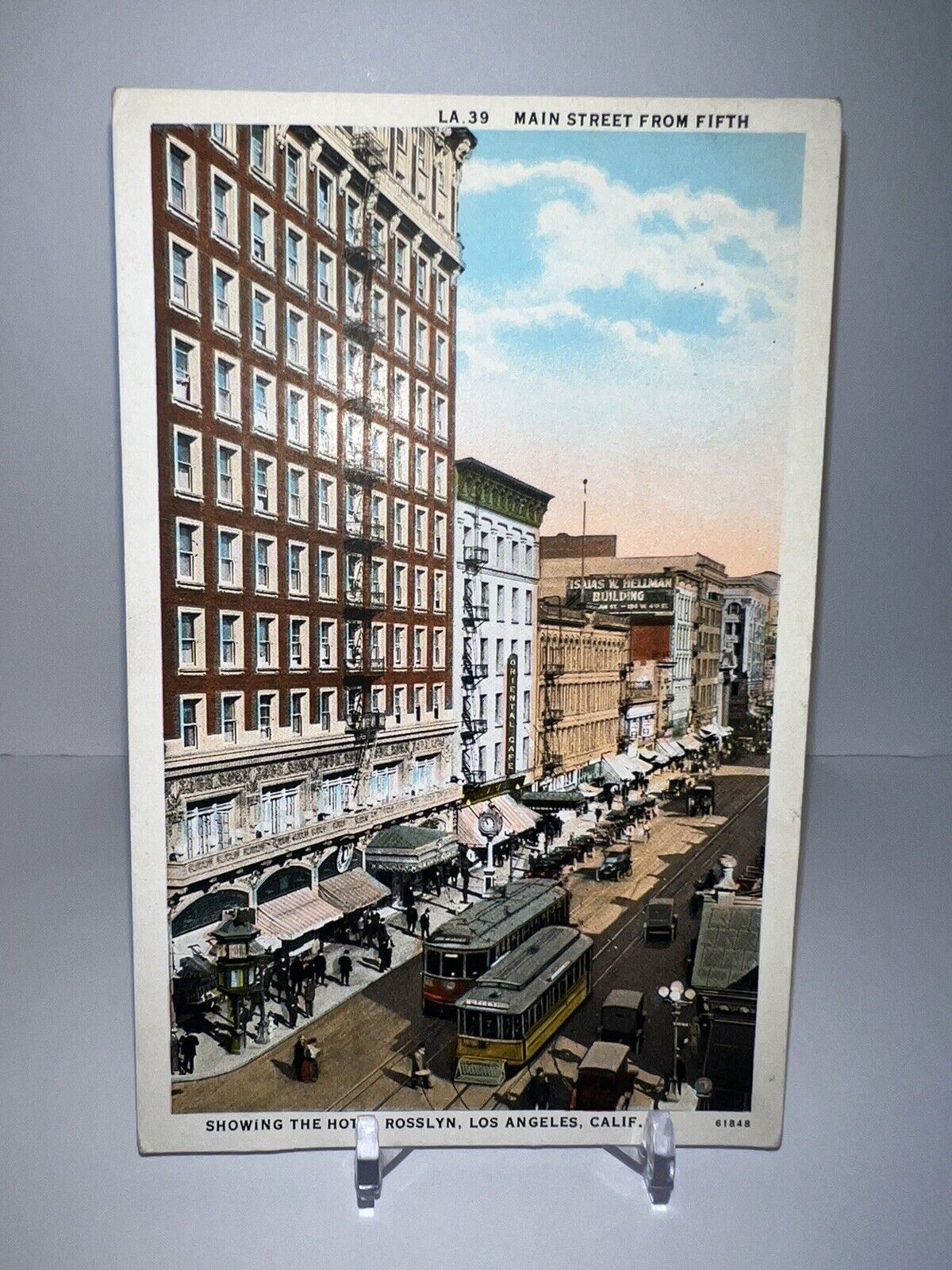 VINTAGE 1920 MAIN STREET FROM FIFTH THE HOTEL ROSSLYN LOS ANGELES CALIF. TROLLEY