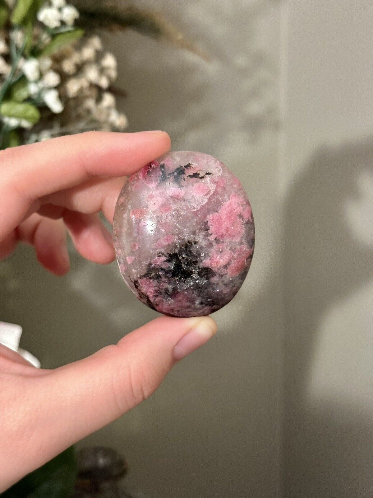 pink rhodonite with quartz inclusions polished crystal palmstone 🌸 