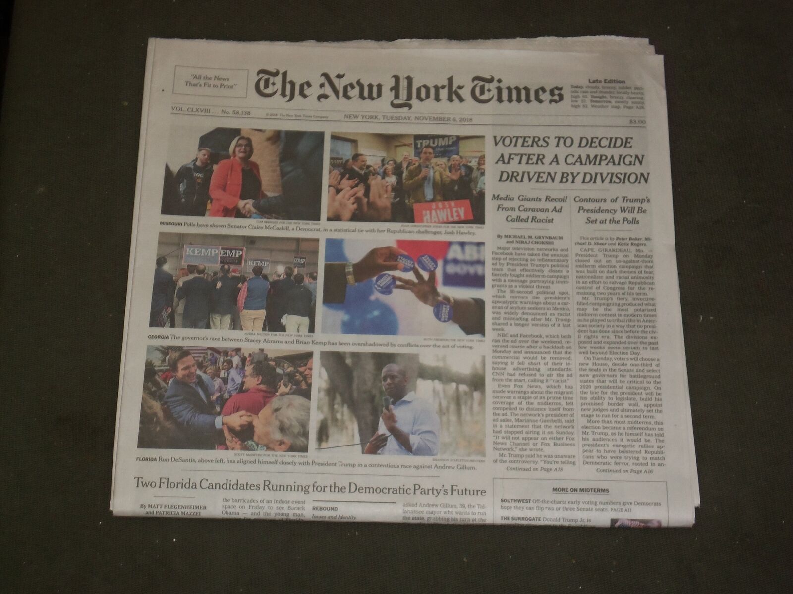 2018 NOVEMBER 6 NEW YORK TIMES - MID TERM ELECTIONS DAY-DIVIDED VOTERS TO DECIDE