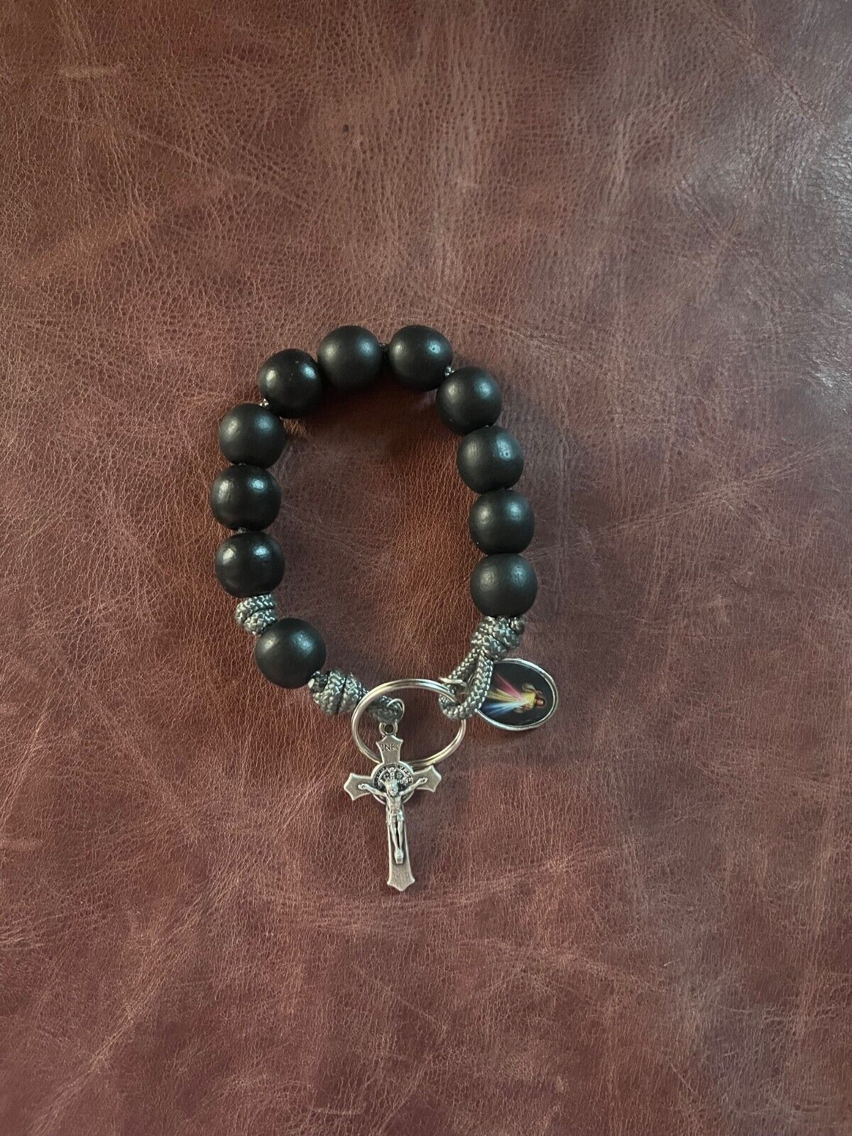 Pocket Rosary Black Beads with Gray Cord Single Decade