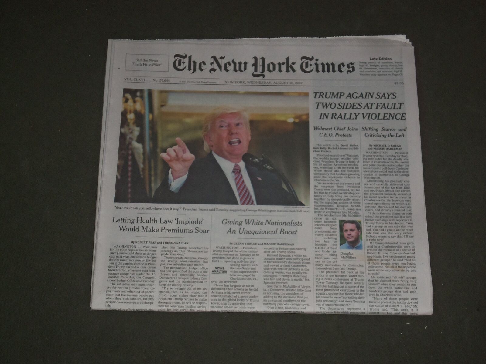 2017 AUGUST 16 NEW YORK TIMES- TRUMP SAYS BOTH SIDES AT FAULT IN CHARLOTTESVILLE
