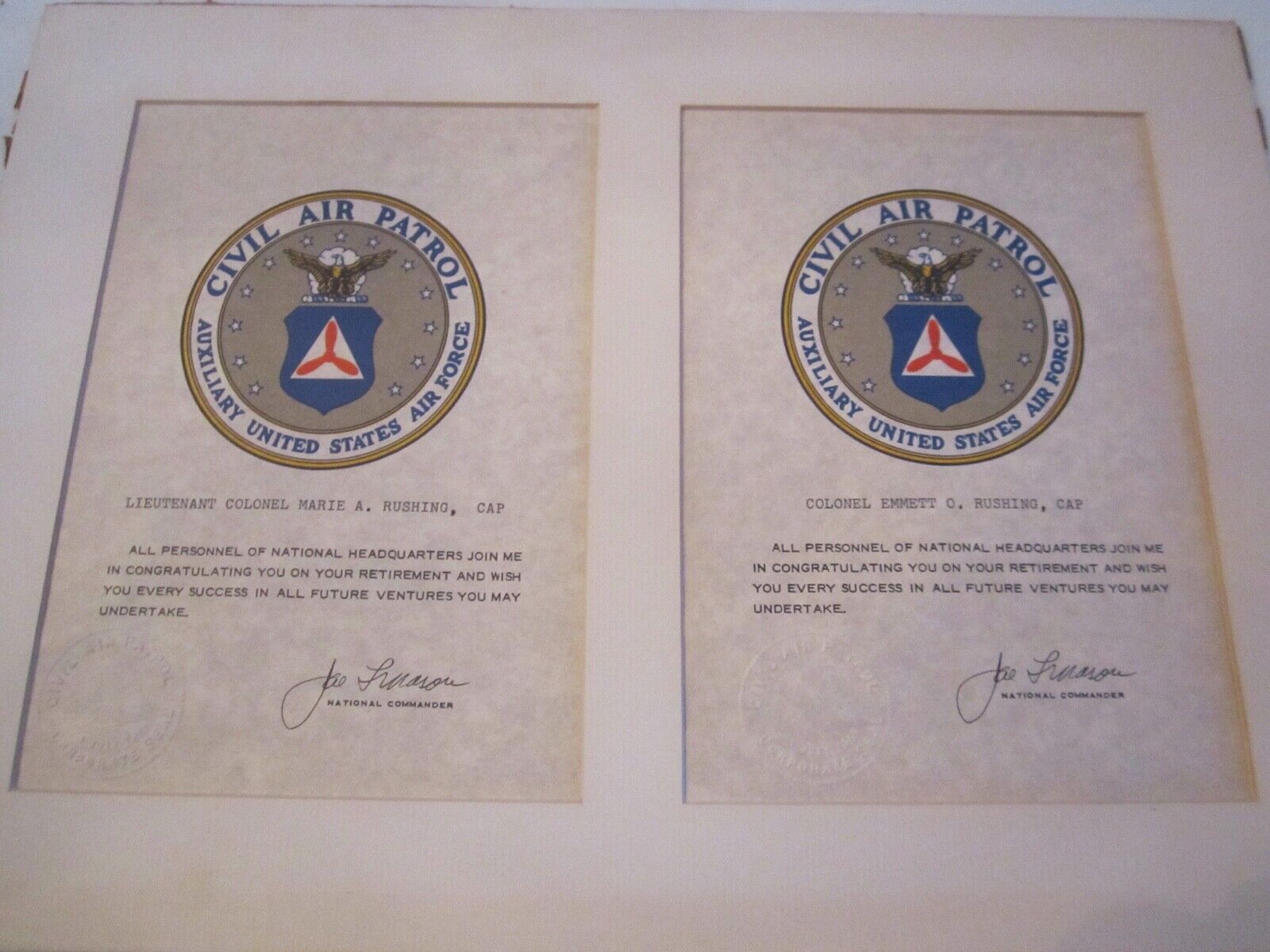2 1950'S CIVIL AIR PATROL CERTS OF ACHIEVEMENT TO LT COL RUSHING SIGNED/STAMPED