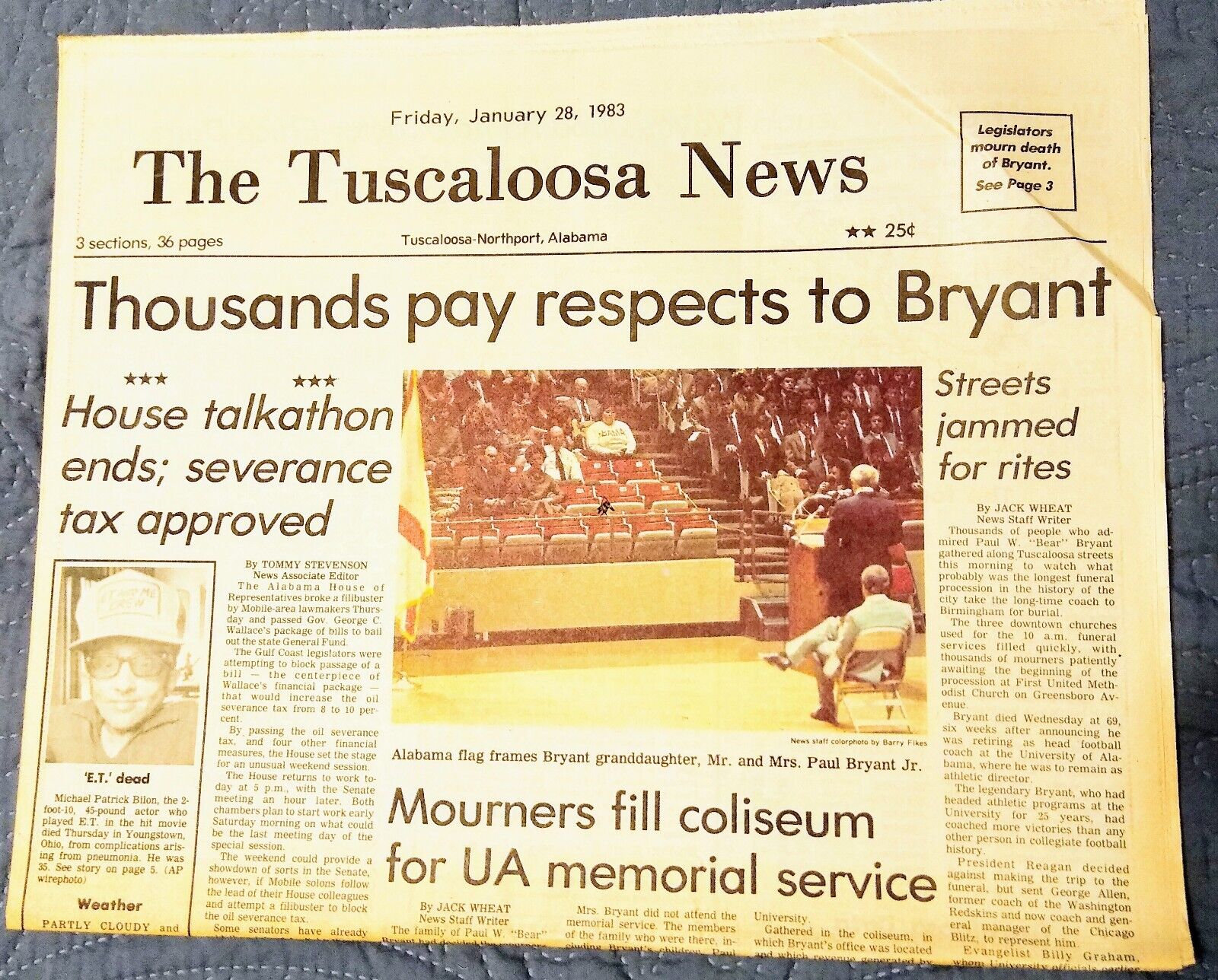 Paul Bear Bryant Funeral The Tuscaloosa News January 28, 1983 Original Newspaper
