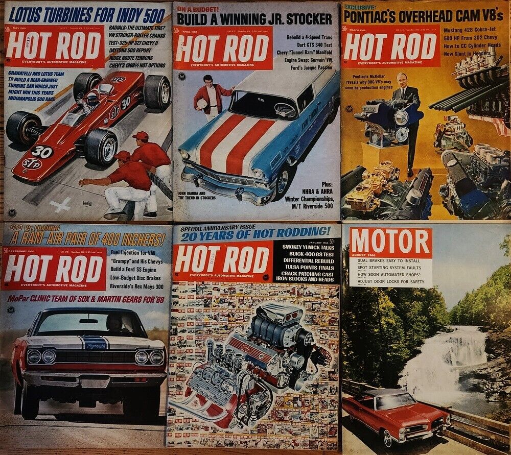 Group of 5 1968 Hot Rod Mags: Jan, Feb, March, April, May +Aug 1966 Motor Mag