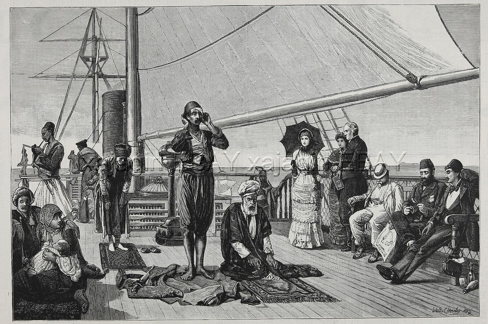 Religion Muslim Salah Prayer Rug on Deck of Ship Islam Large 1880s Antique Print