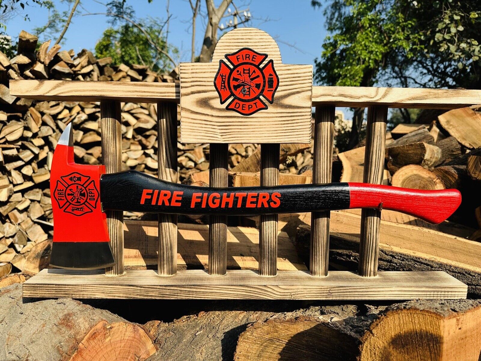 Premium Handcrafted Fireman's Axe with Custom Ladder Display Stand High-Quality