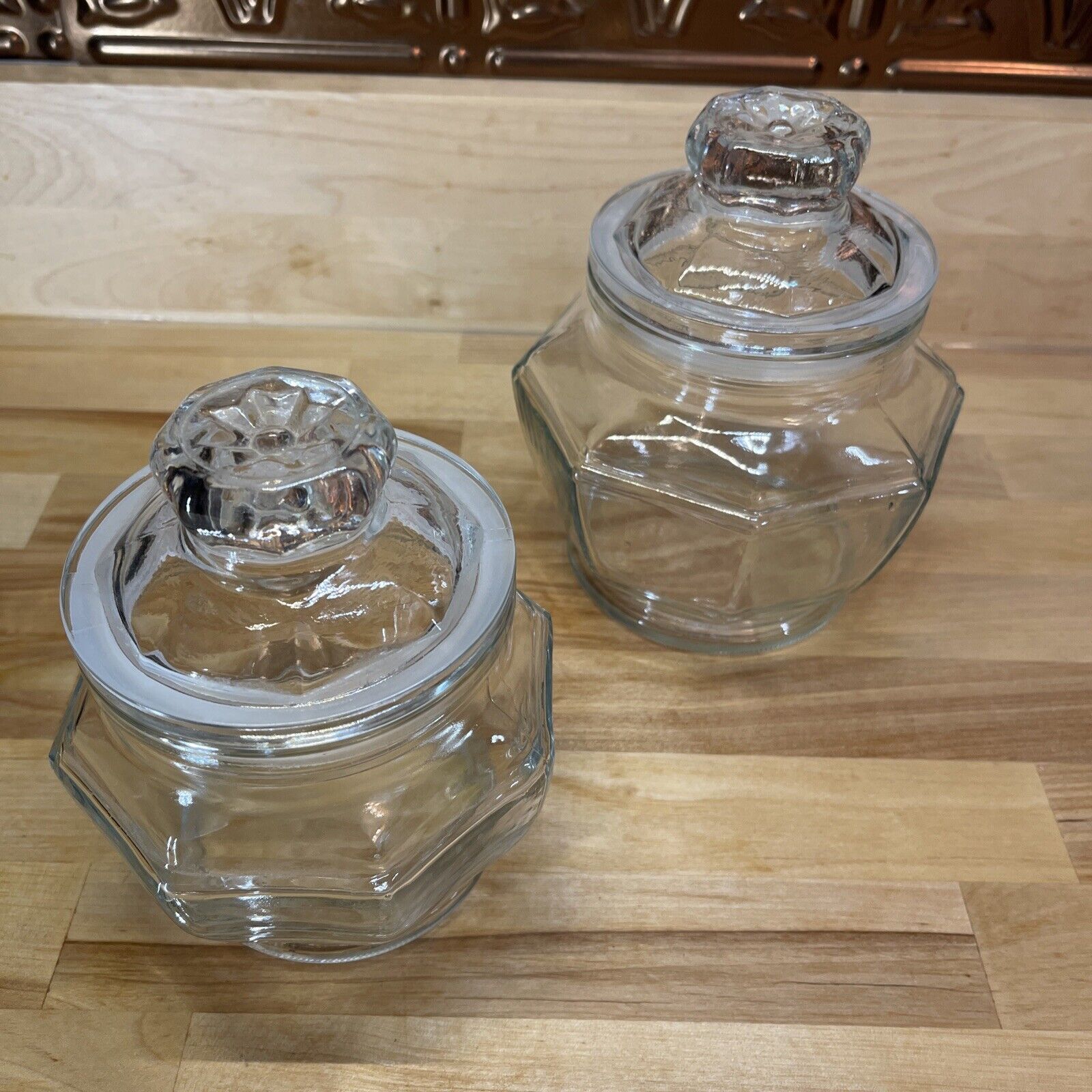 Vintage Set Of 2 KIG Indonesia Clear Glass Apothecary Candy Nuts Canister Jars