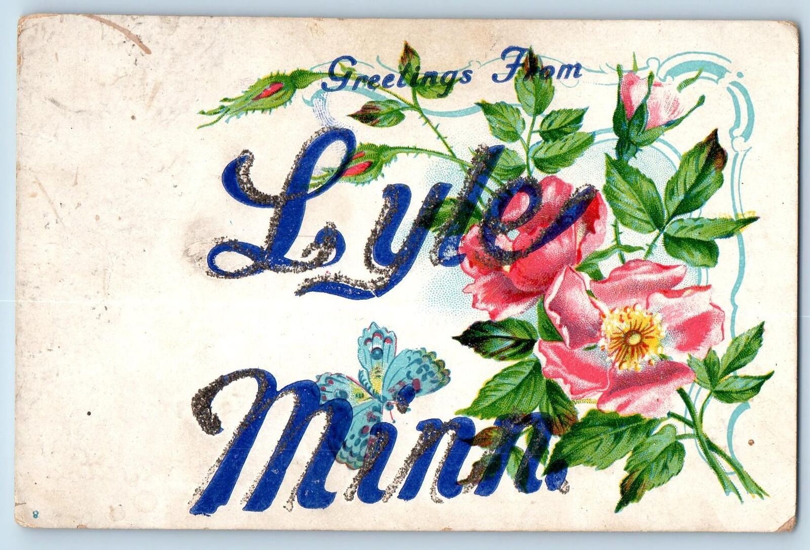 c1920's Greetings From Lyle Flower & Butterfly Minnesota Correspondence Postcard