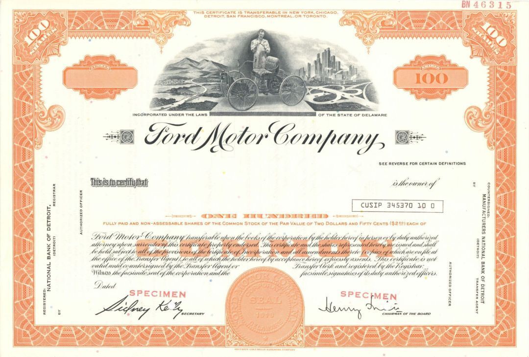 Ford Motor Co. - Specimen Stock Certificate - Specimen Stocks & Bonds