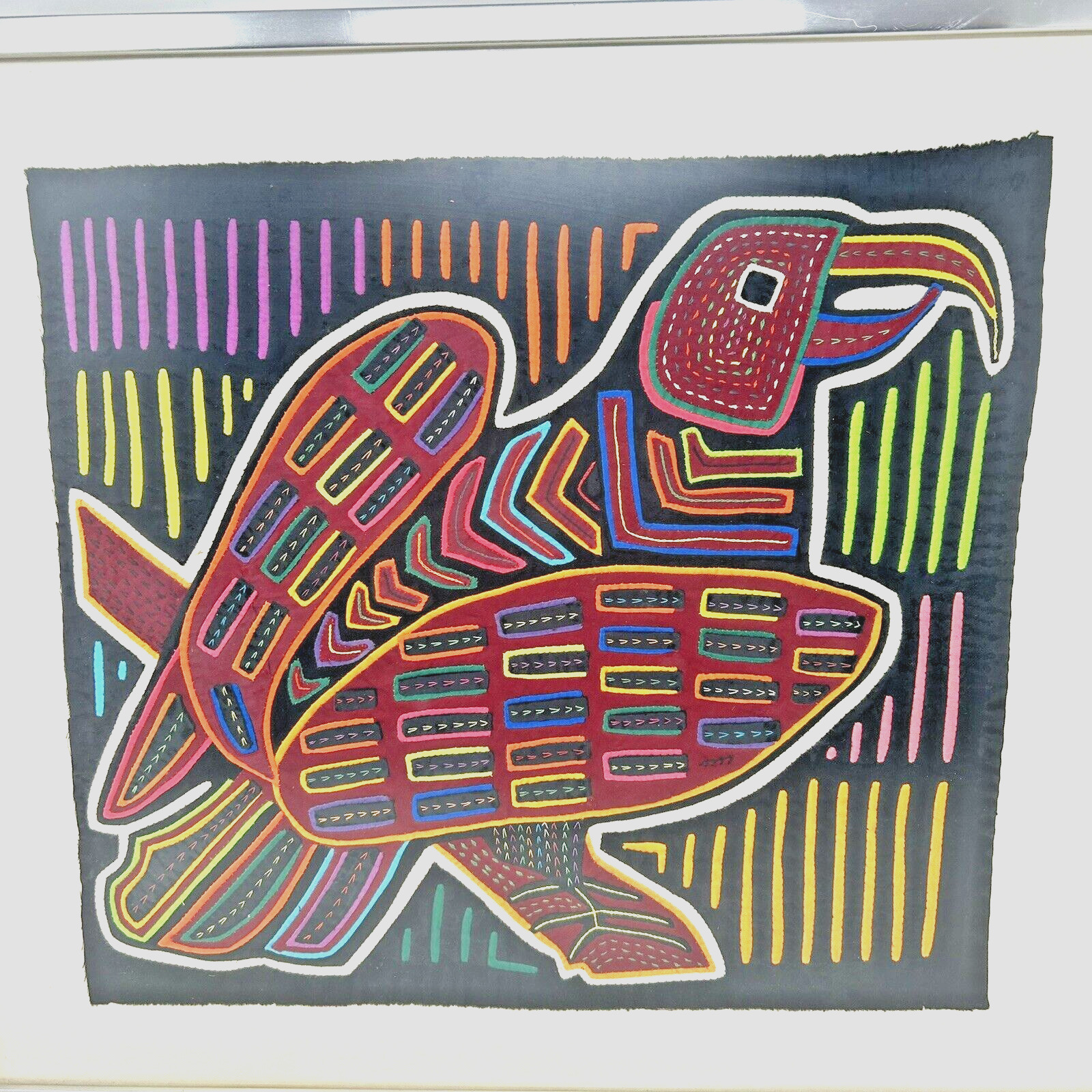 vintage Panama Mola Textile Folk Art Parrot Birds Beautiful 1960s-ask Lower S&H