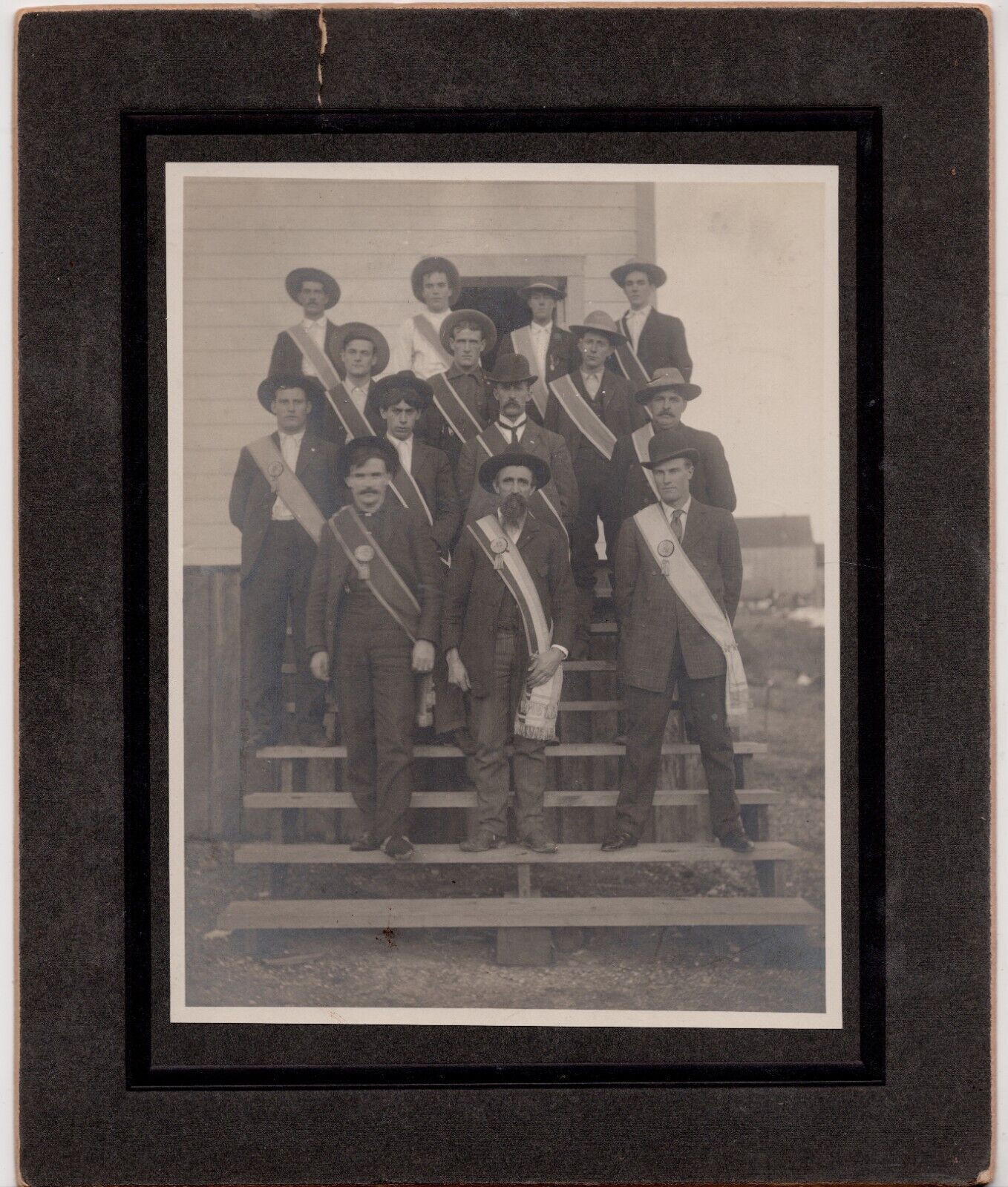 Cabinet Photo Fraternal Gentlemen in Regalia Standing on Hall Steps c1890s