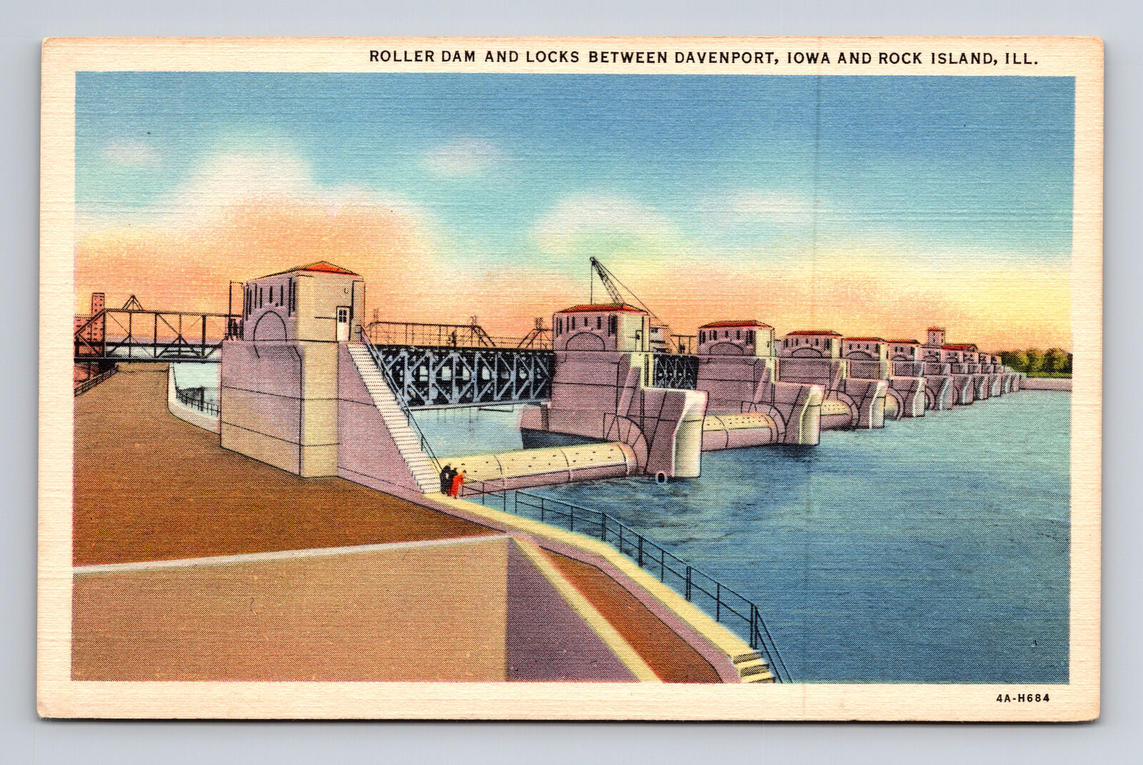 Linen Postcard Davenport IA Iowa Roller Dam and Locks Rock Island
