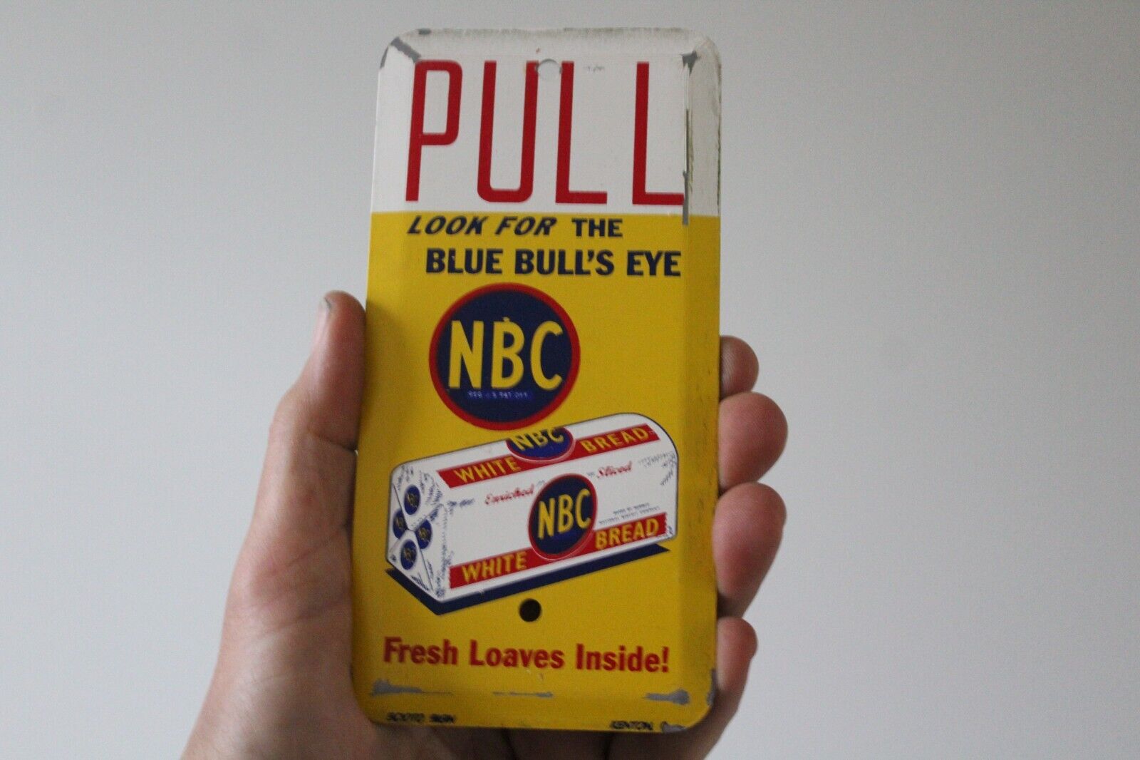 1950s PULL NBC FRESH BULLS EYE BREAD STAMPED PAINTED METAL DOOR SIGN BAKERY