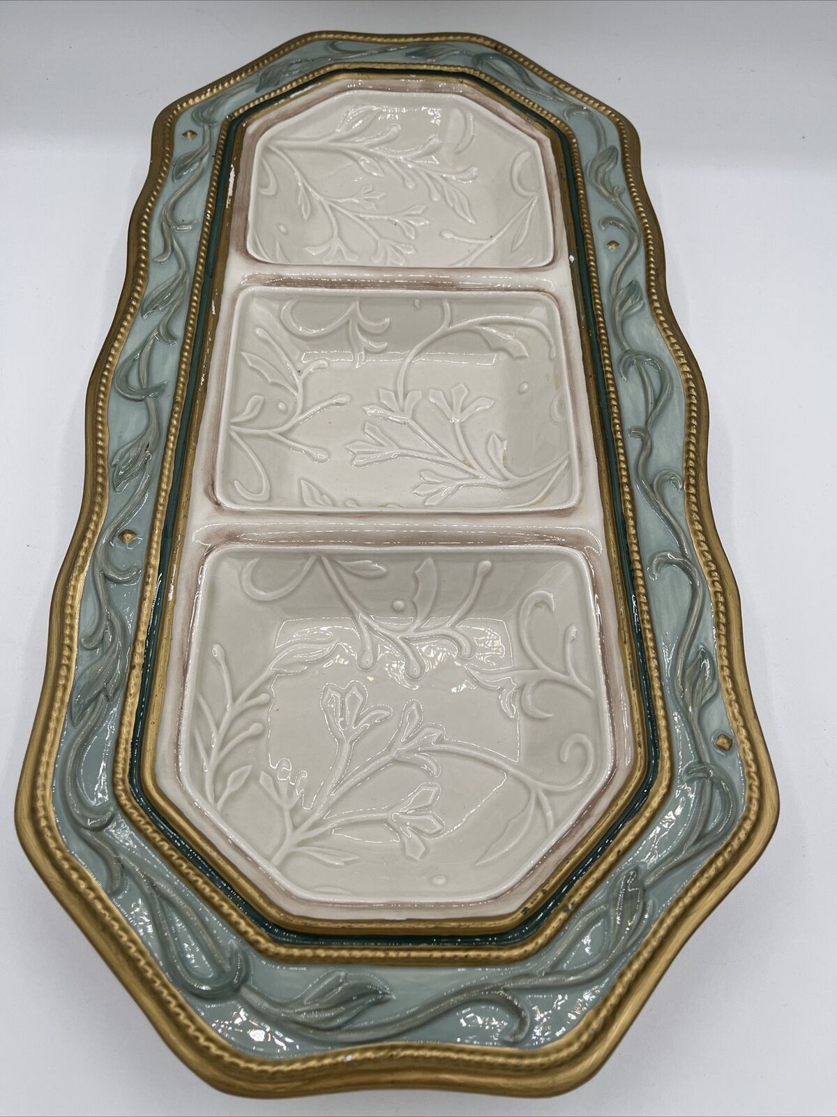 FITZ & FLOYD Clairmont Sage Green  Divided Vegetable Tray Platter 17”