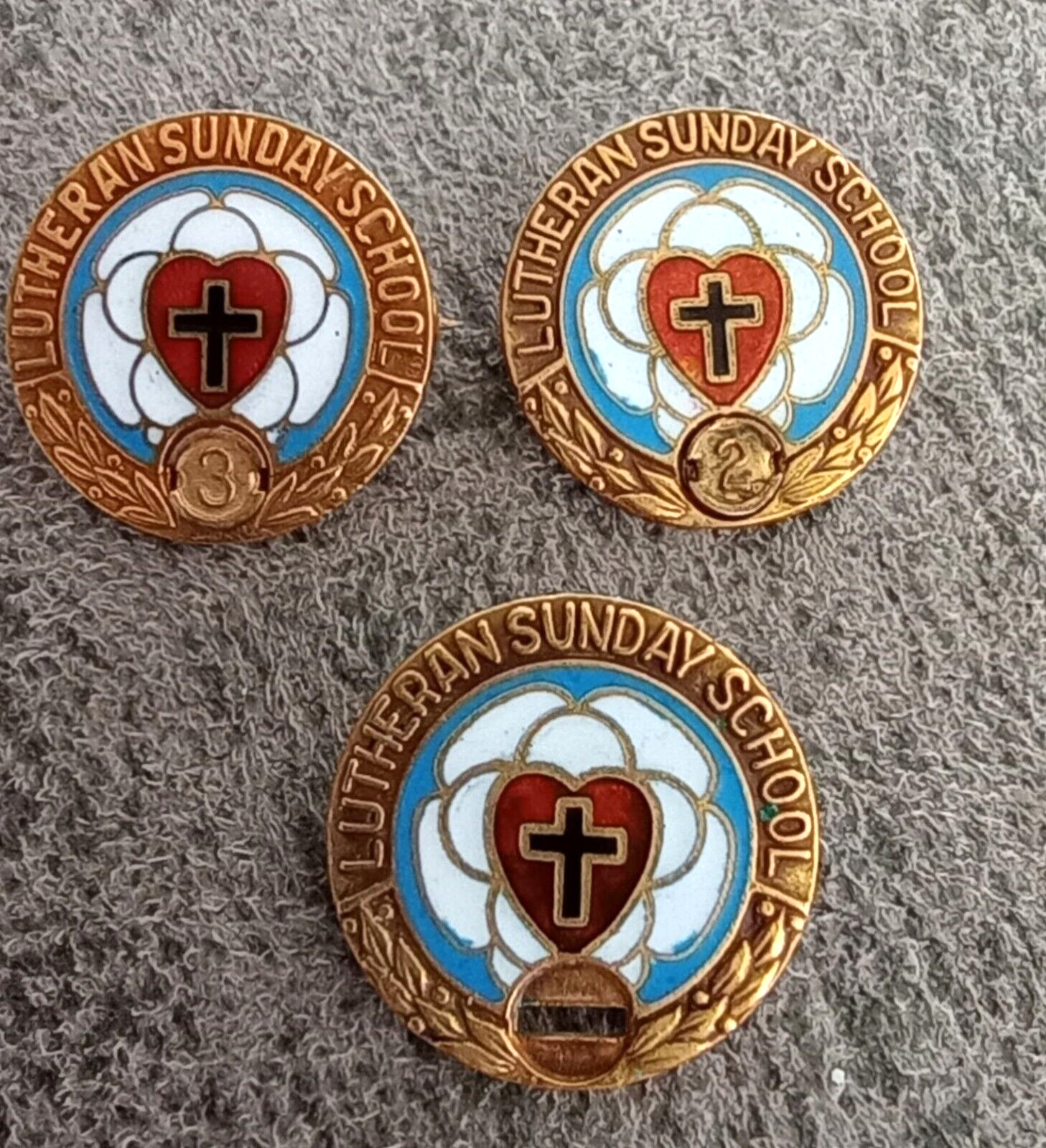 3 Vtg 1/10 10k gold filled Lutheran sunday school award pins