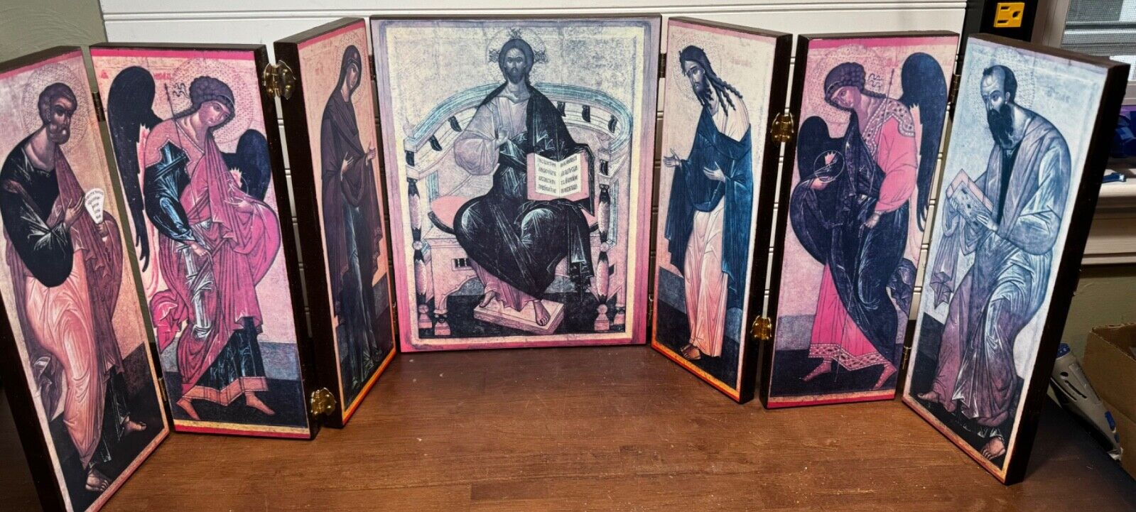 Vtg Russian Orthodox Religious multi hinged folding wooden shrine 30” triptychs