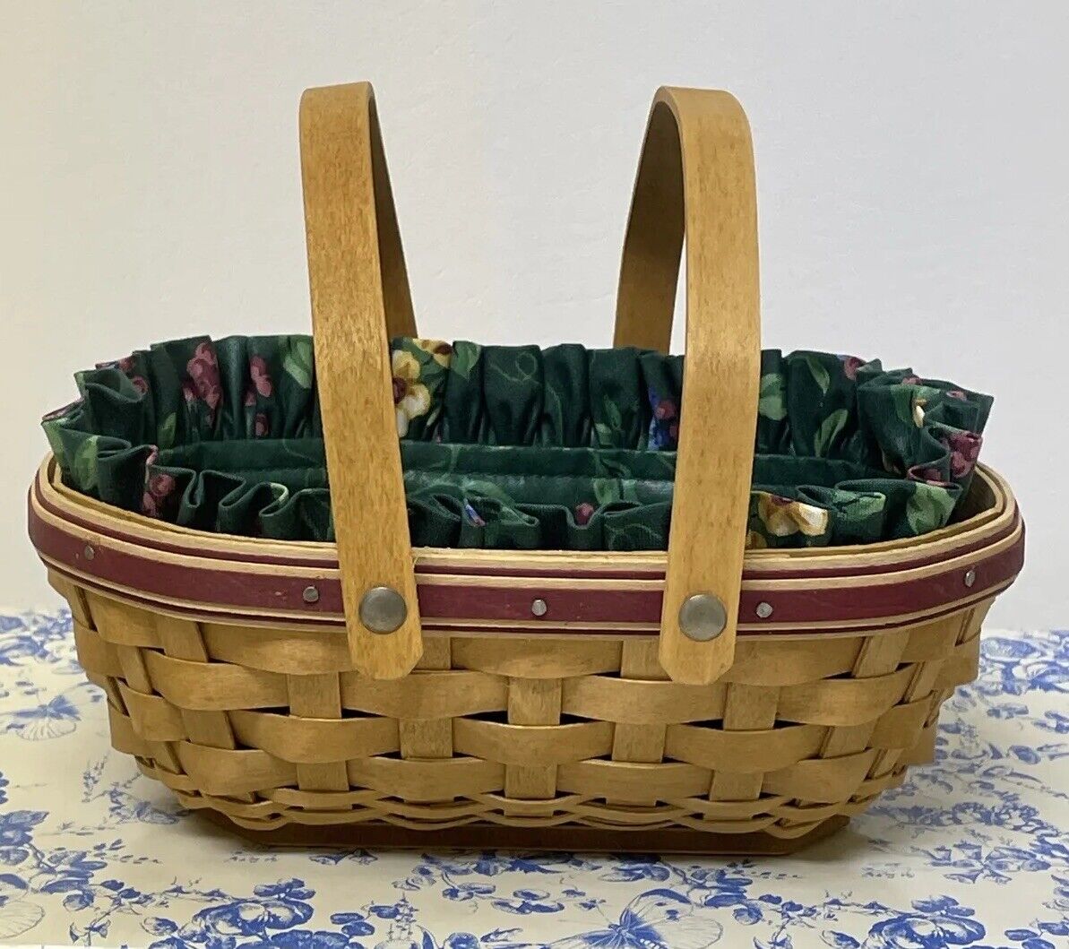 Longaberger 2006 Small 2 Handled Basket 8” X 5” X 3” + Emerald Vine Fabric Liner