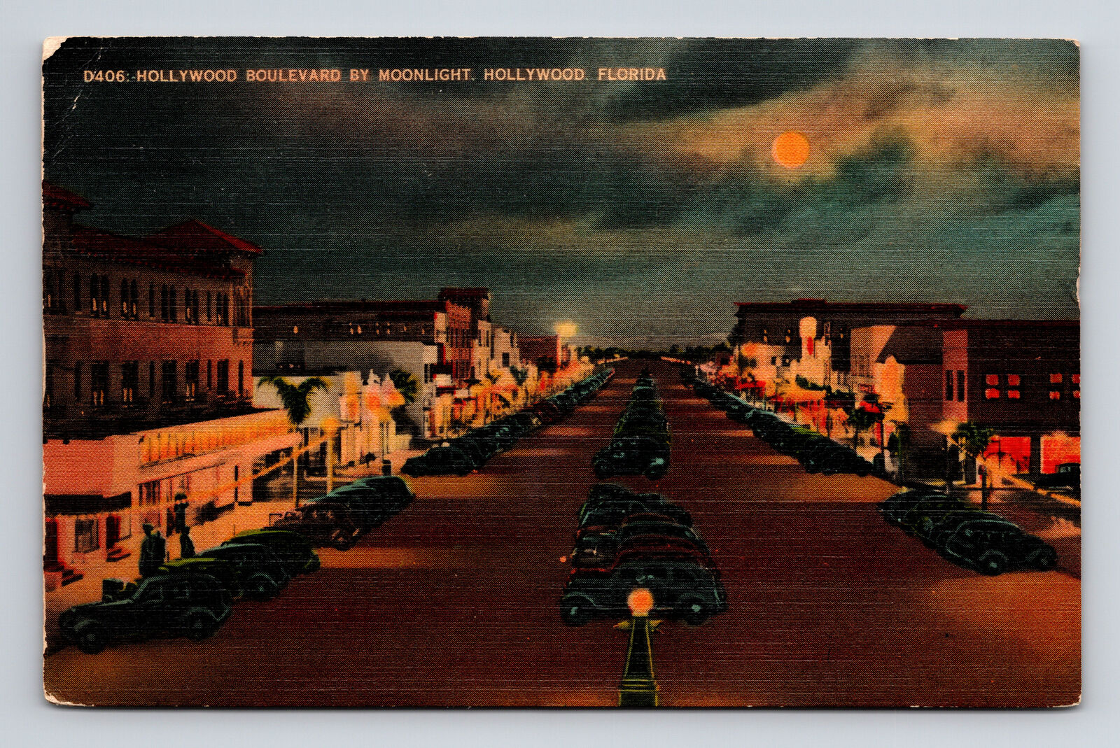 Linen Postcard Hollywood FL Florida Boulevard By Moonlight Cars