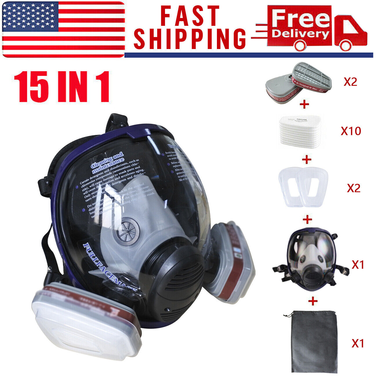 15 IN 1 Gas Mask Full Face Respirator 6800 Facepiece Protect For Spray Painting