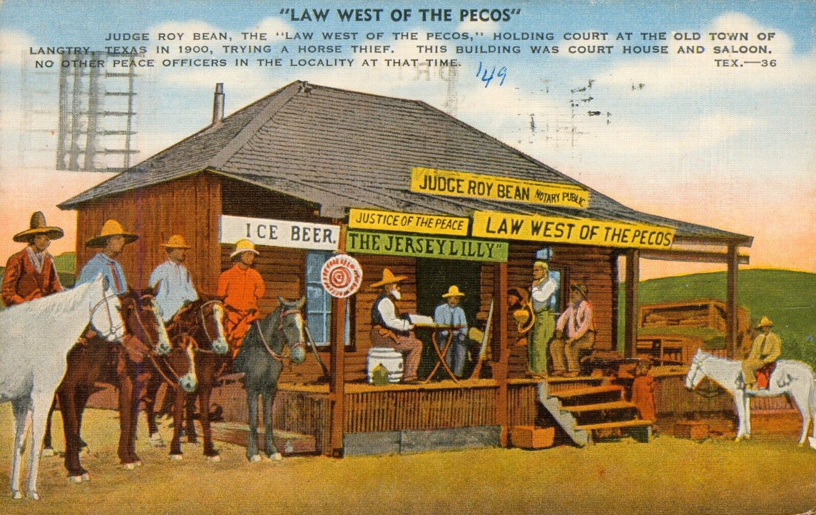 1949 Vintage Postcard TEXAS Judge Roy Bean LAW WEST OF THE PECOS Justice Peace