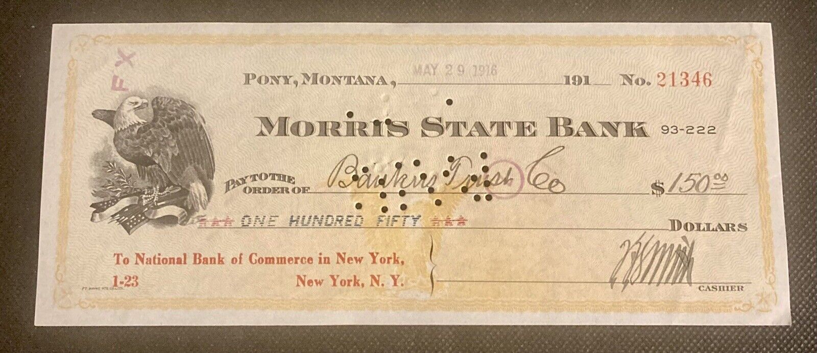 Vintage 1910's Morris State Bank, Pony MT Bank Check with Eagle Graphic