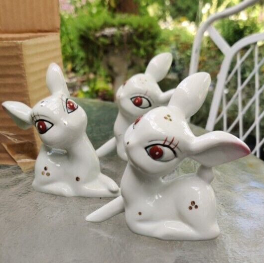 Vtg NOS Big Eye Baby Deer Figurines  MCM Set Of Three White Kitsch In Box