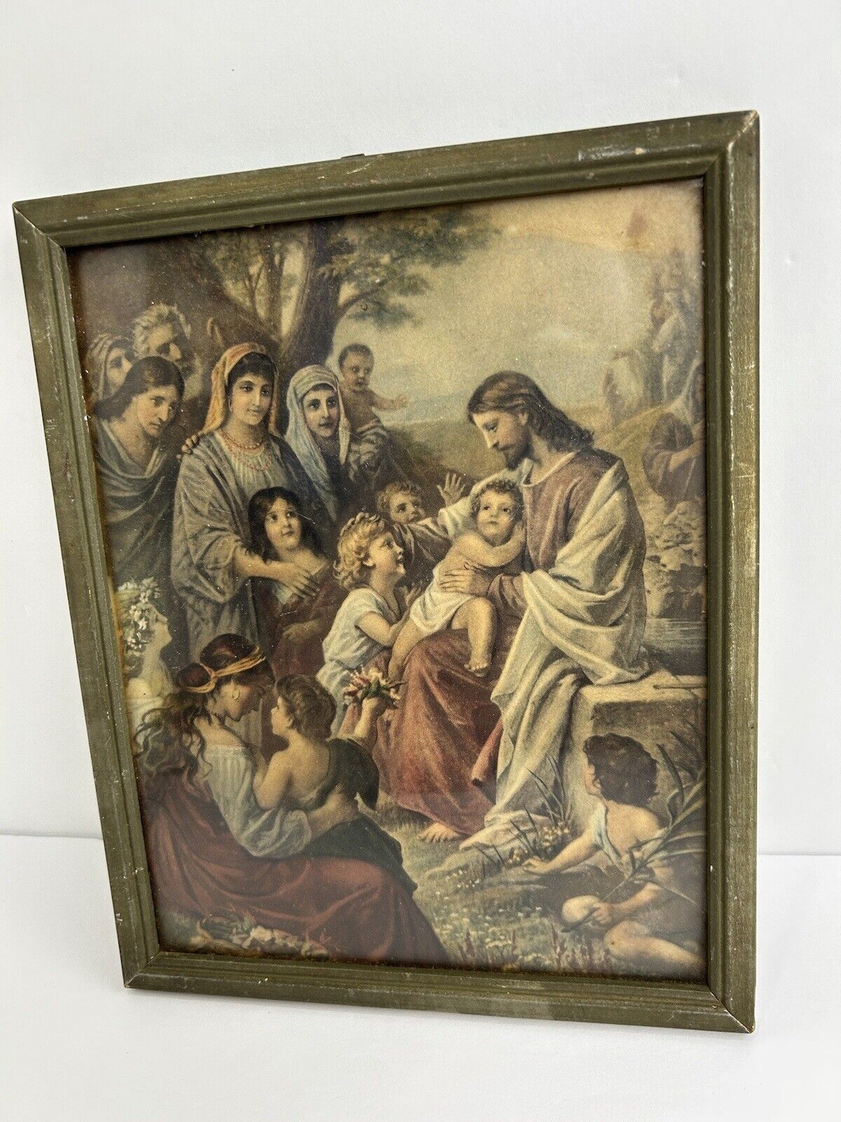 Vtg 1930 Jesus Christ Blessing Little Children Lithograph, Wood Frame