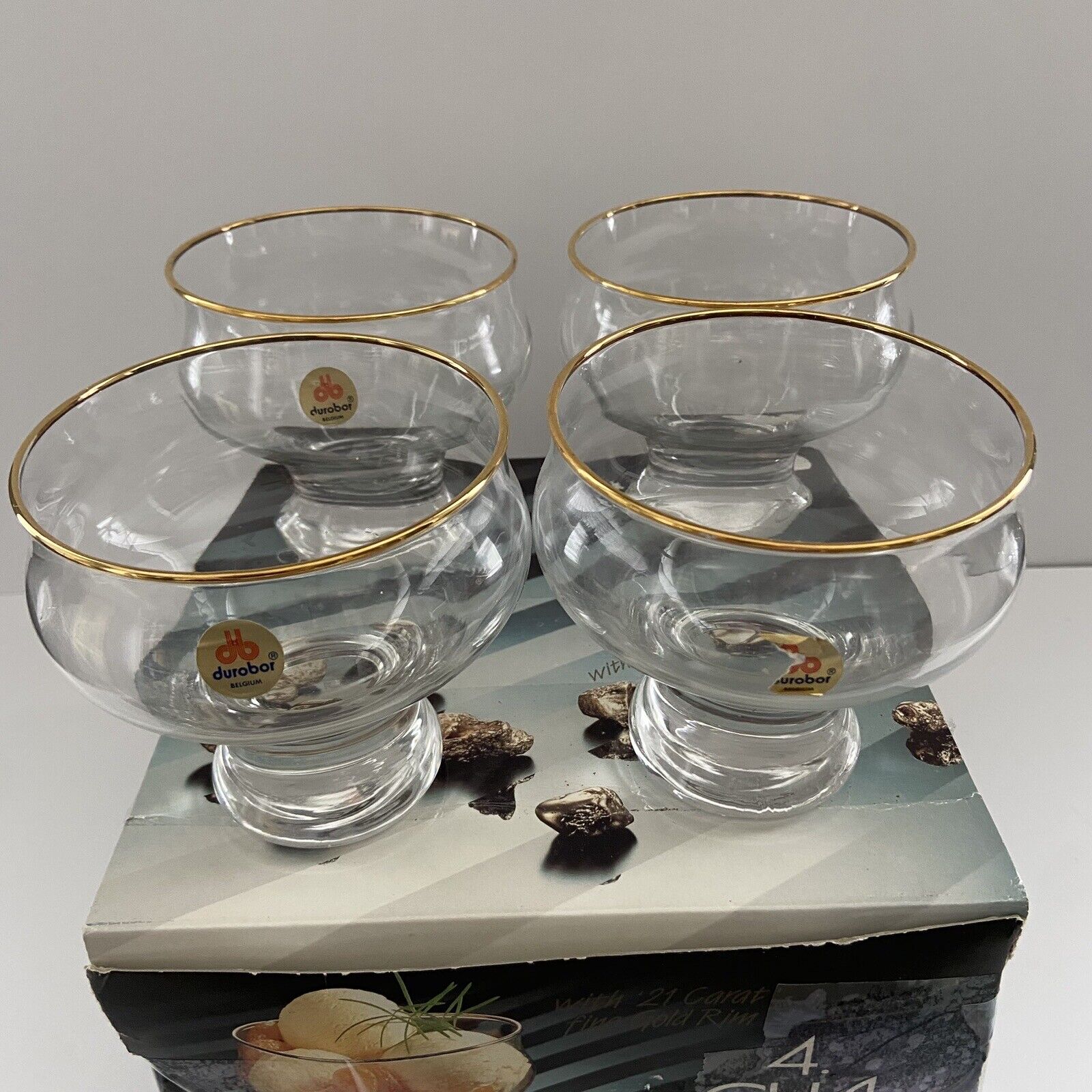 Vintage Durobor Eva Glass 21 Karat Gold Rim Sherbet Dessert Rare Belgium MCM 4