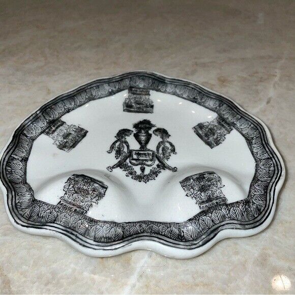 Antique Chinese Export Ashtray, Trinket Tray Dish Black Ornate Decorative Design