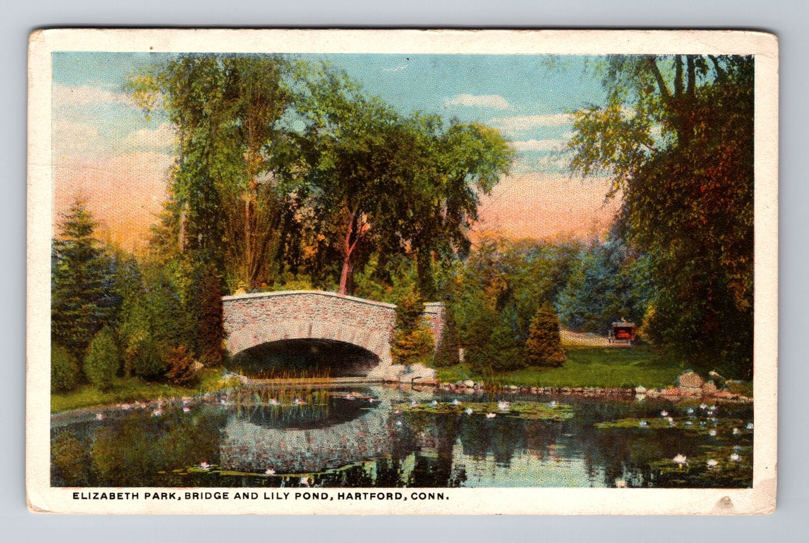 Hartford CT-Connecticut, Elizabeth Park, Bridge, Lily Pond, Vintage Postcard