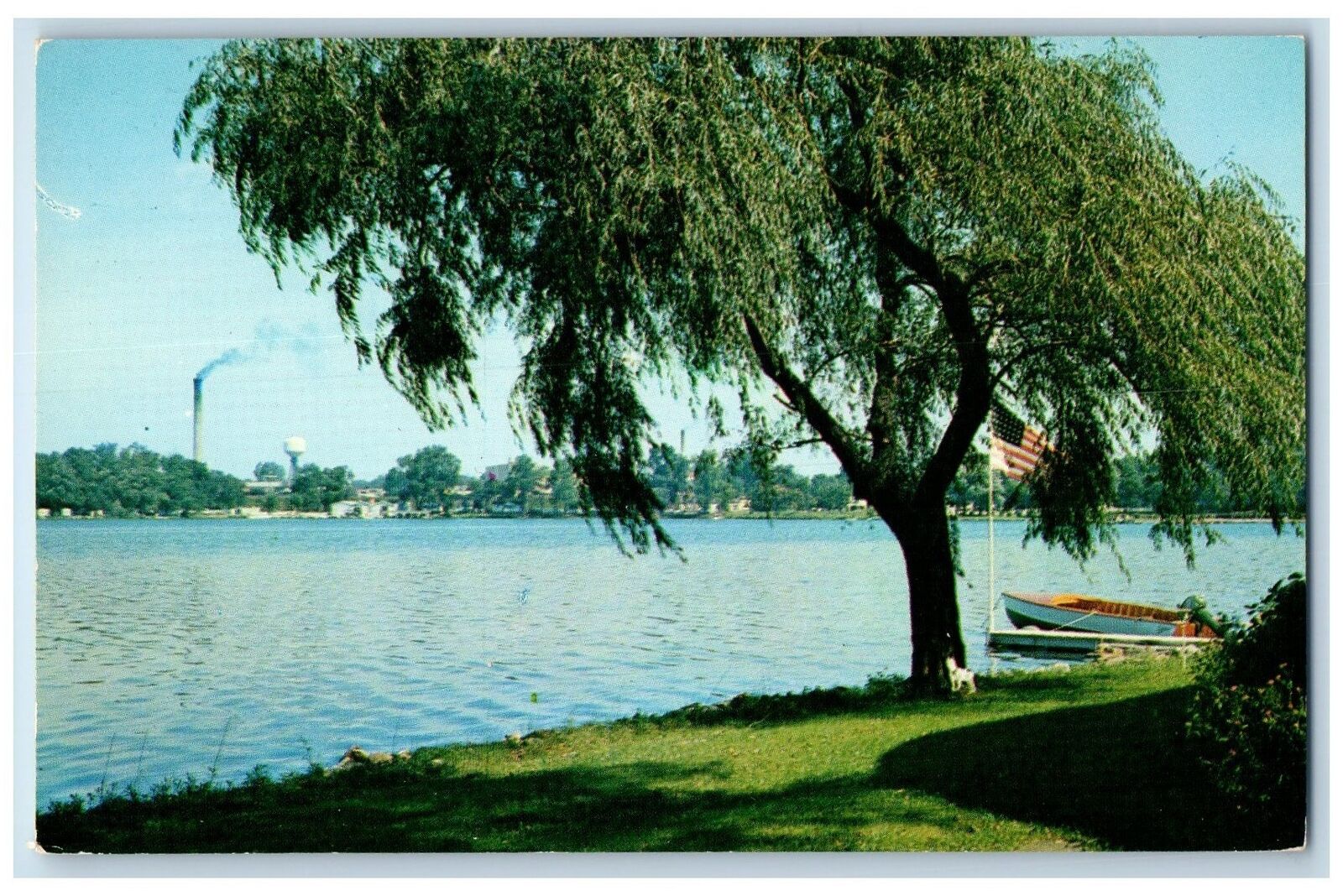 Warsaw Indiana IN Postcard Lake Winona Trees Canoe Boat Flag c1960\'s Vintage
