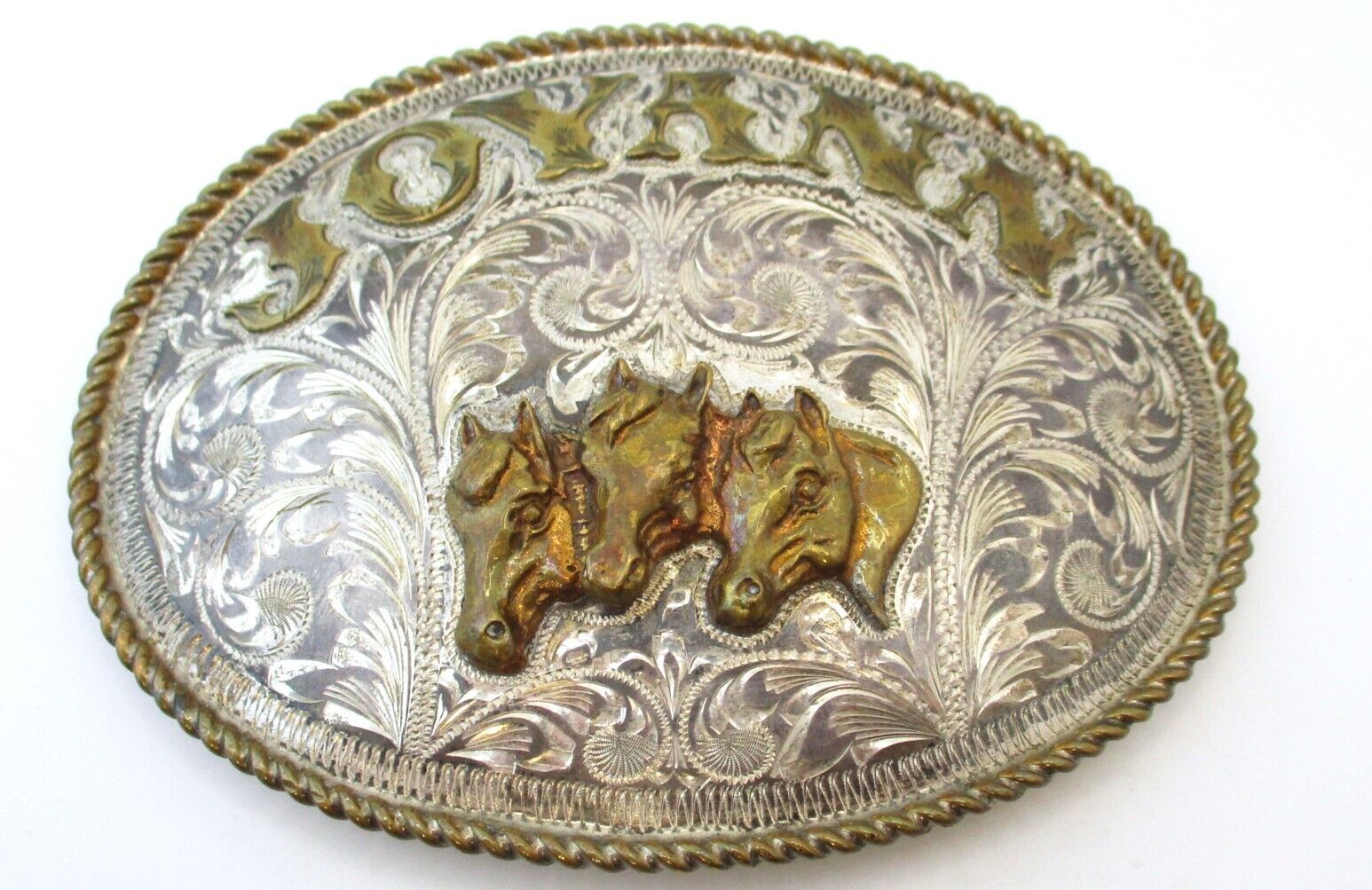 Vintage Massive Belt Buckle OOAK JOYANN Horse Silver Overlay     B