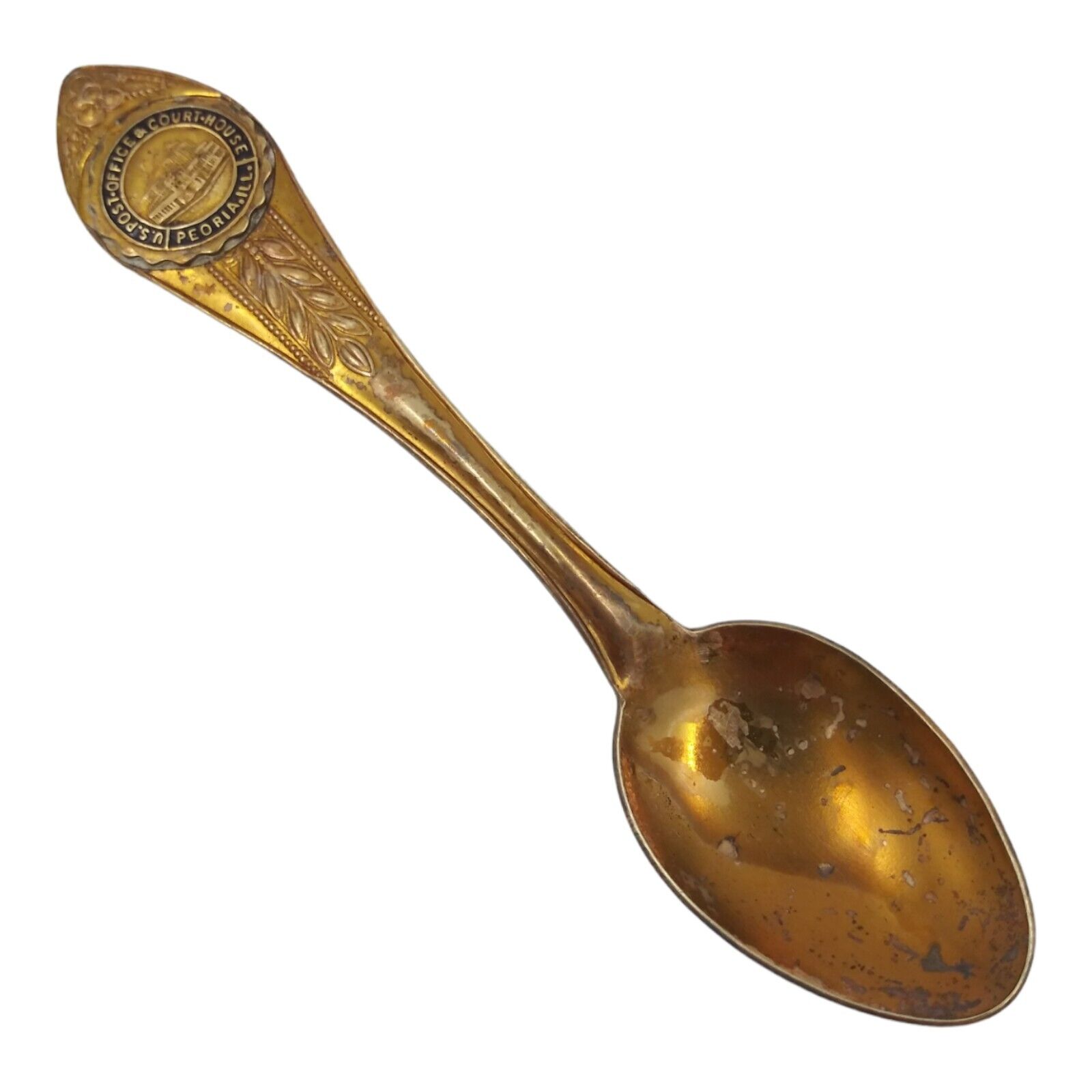 Vintage Peoria Illinois Gold Tone Souvenir Spoon Post Office Courthouse