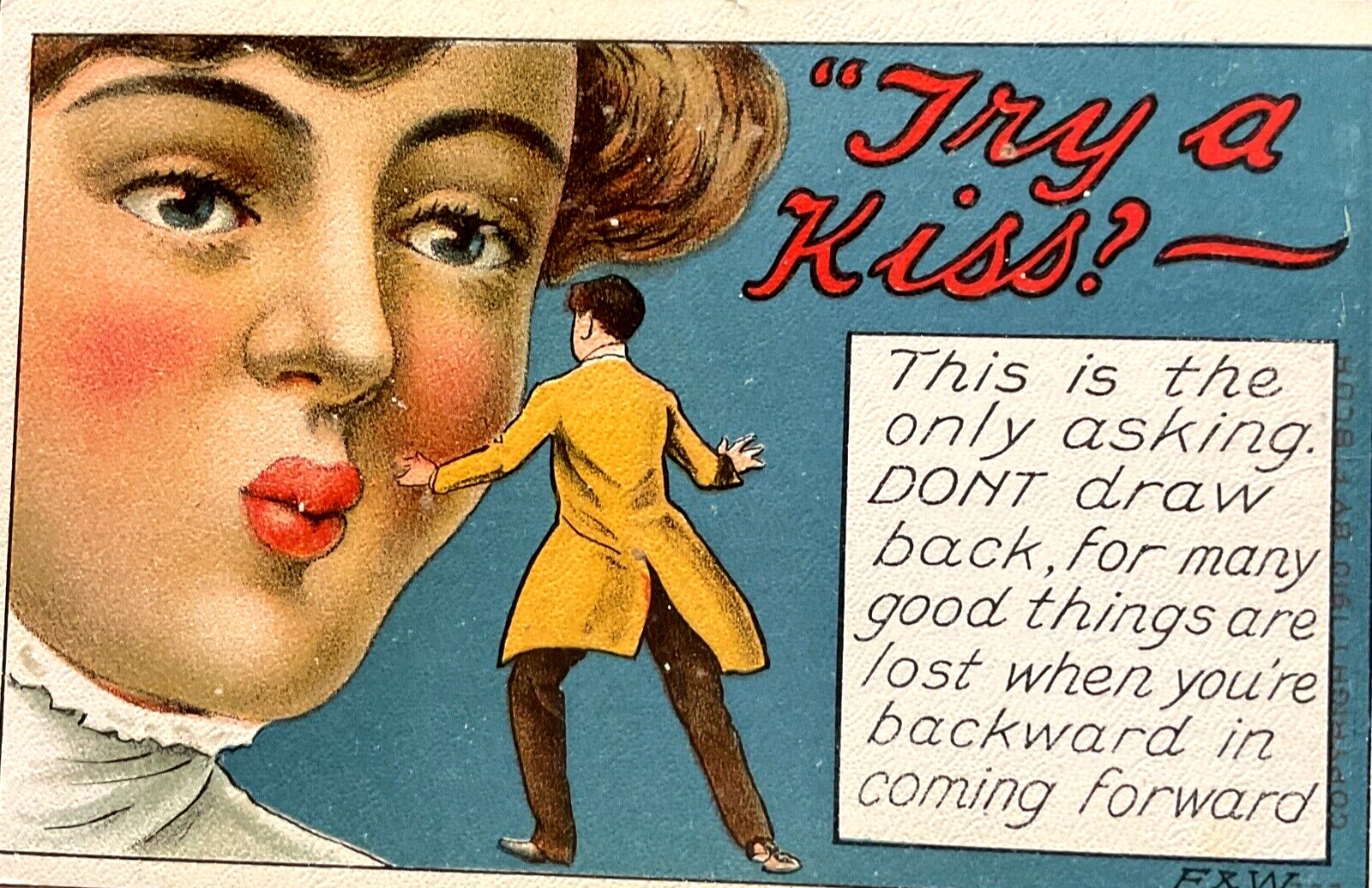 Antique 1910s Romance Comic Greetings Postcard “ Try a Kiss?   F&W / Unused