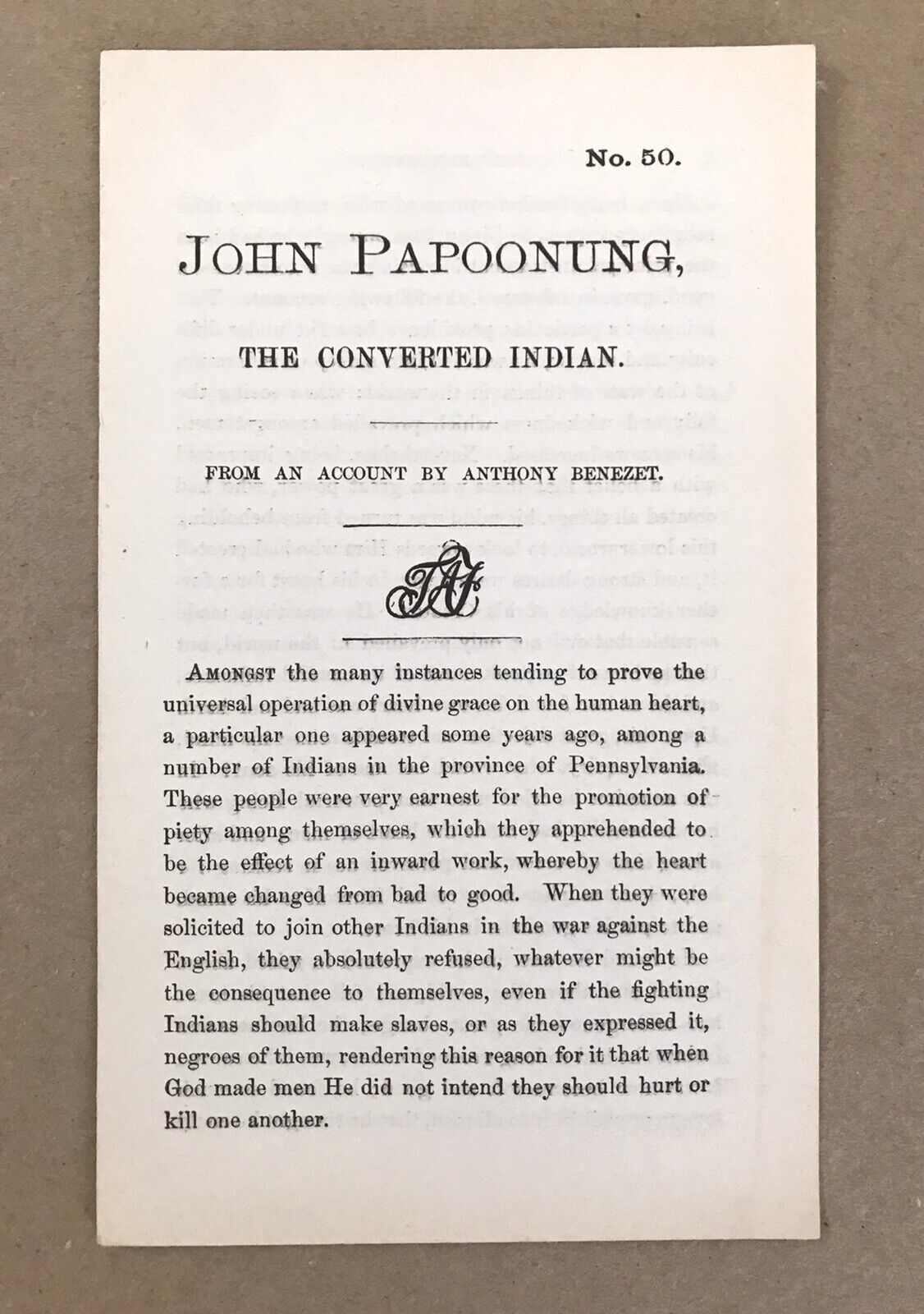 ORIGINAL: John Papoonung Tract, Society of Friends, No. 50 Pamphlet (Quakers)