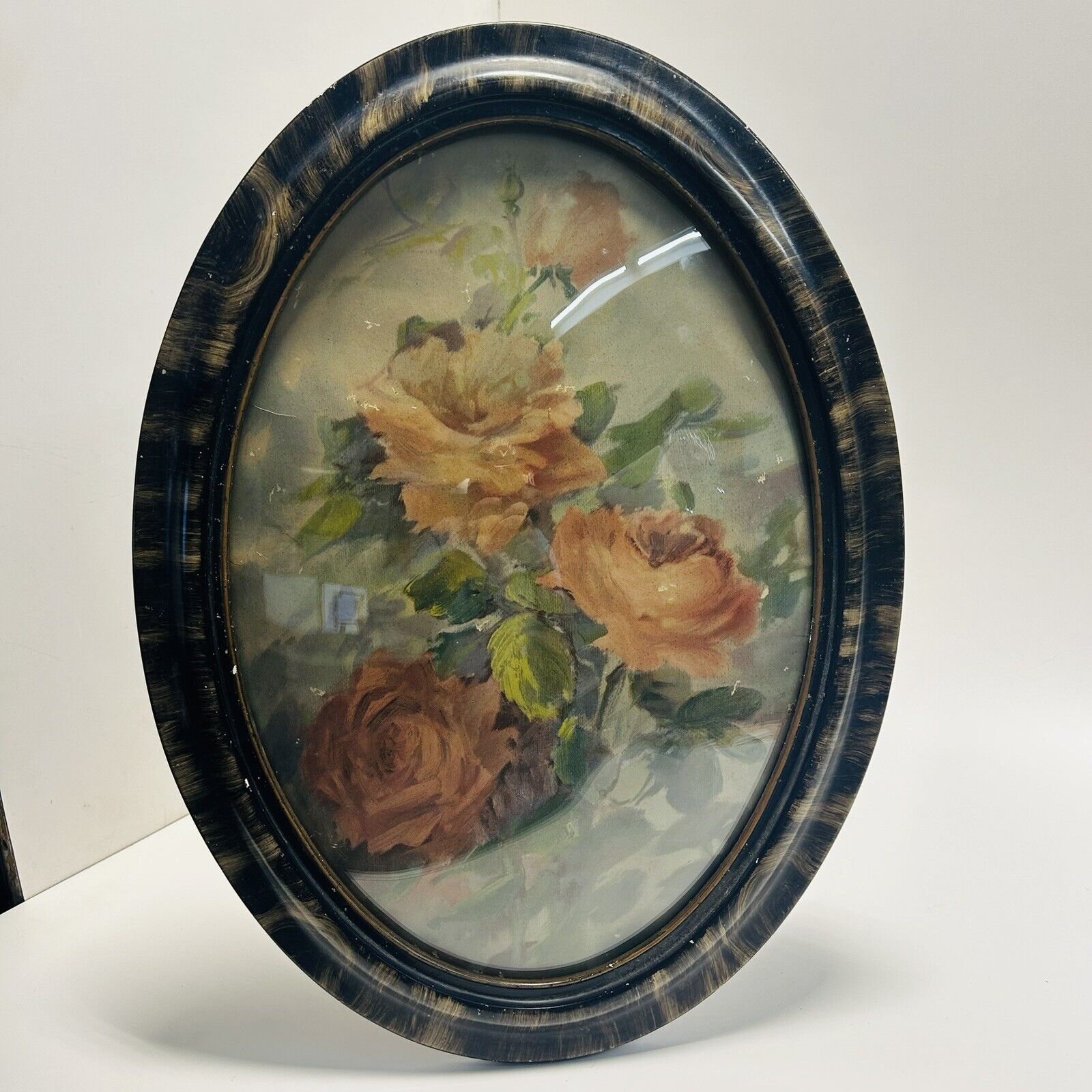 Antique Oval Wood Frame Bubble Glass Floral Roses Print Picture Wall Decor