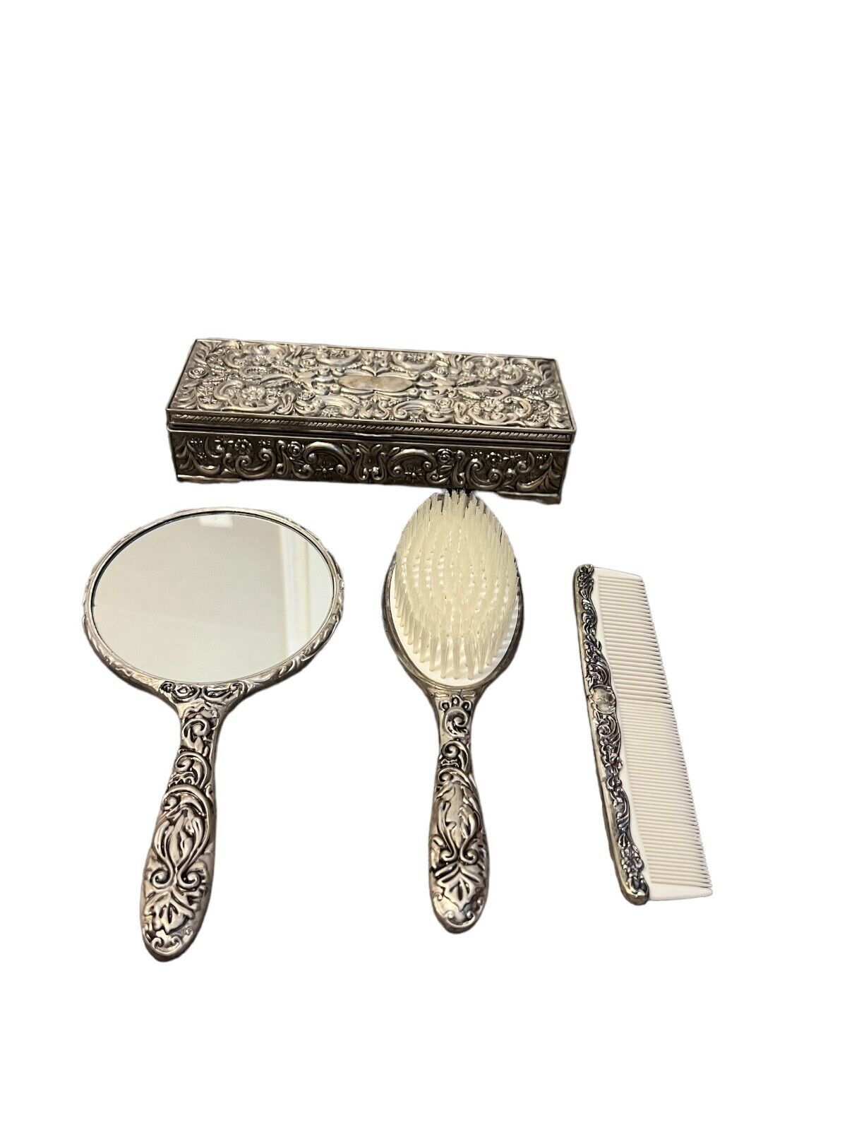 Godinger Ornate Silver Plated Jewelry Box, Hand Mirror, Comb, And Brush