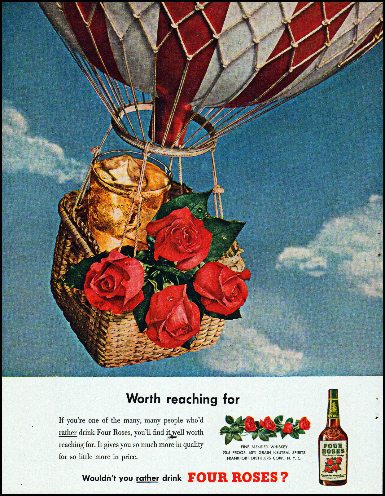 1949 Hot Air Balloon Basket Four Roses Whiskey iced retro photo print ad L94