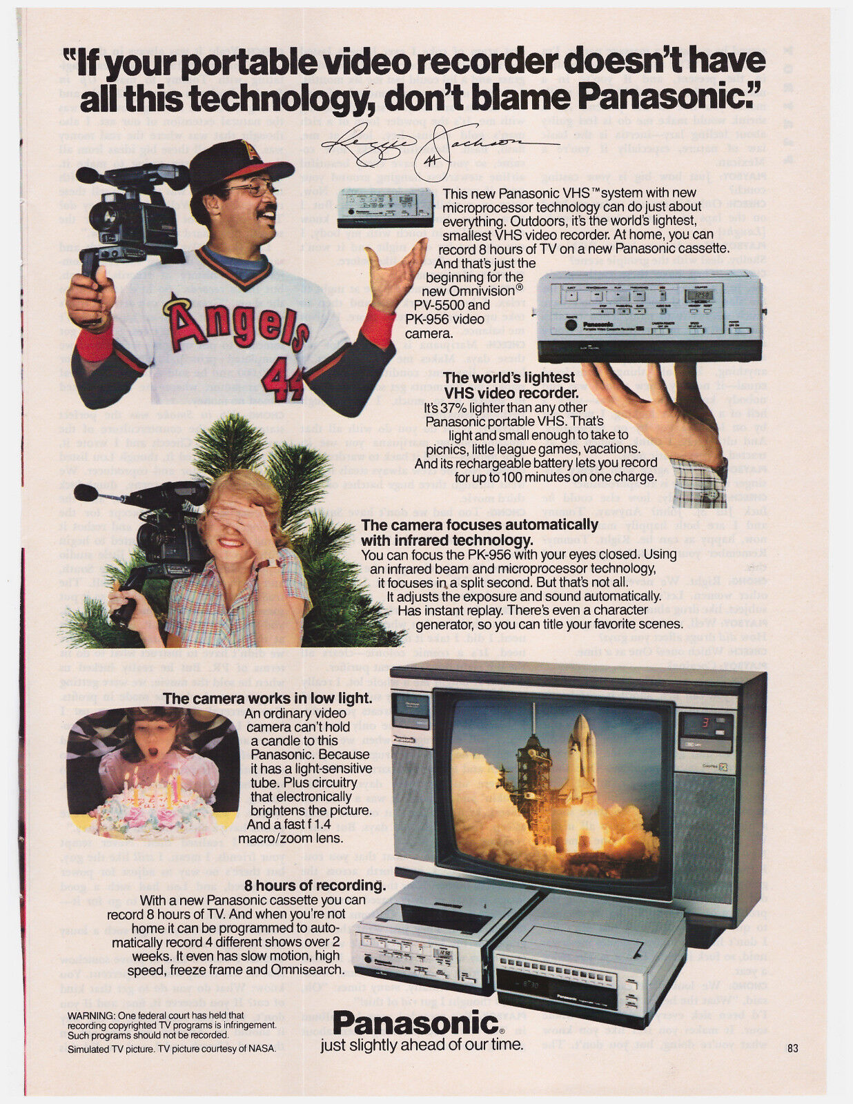 Original 1982 Panasonic VHS System Vintage Print Ad w/Reggie Jackson Angels
