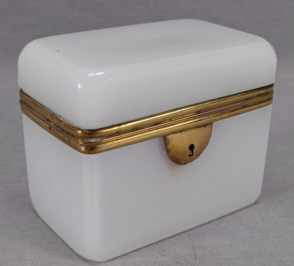 Antique French Cut White Opaline Alabaster & Brass Mounted Jewelry Casket Box